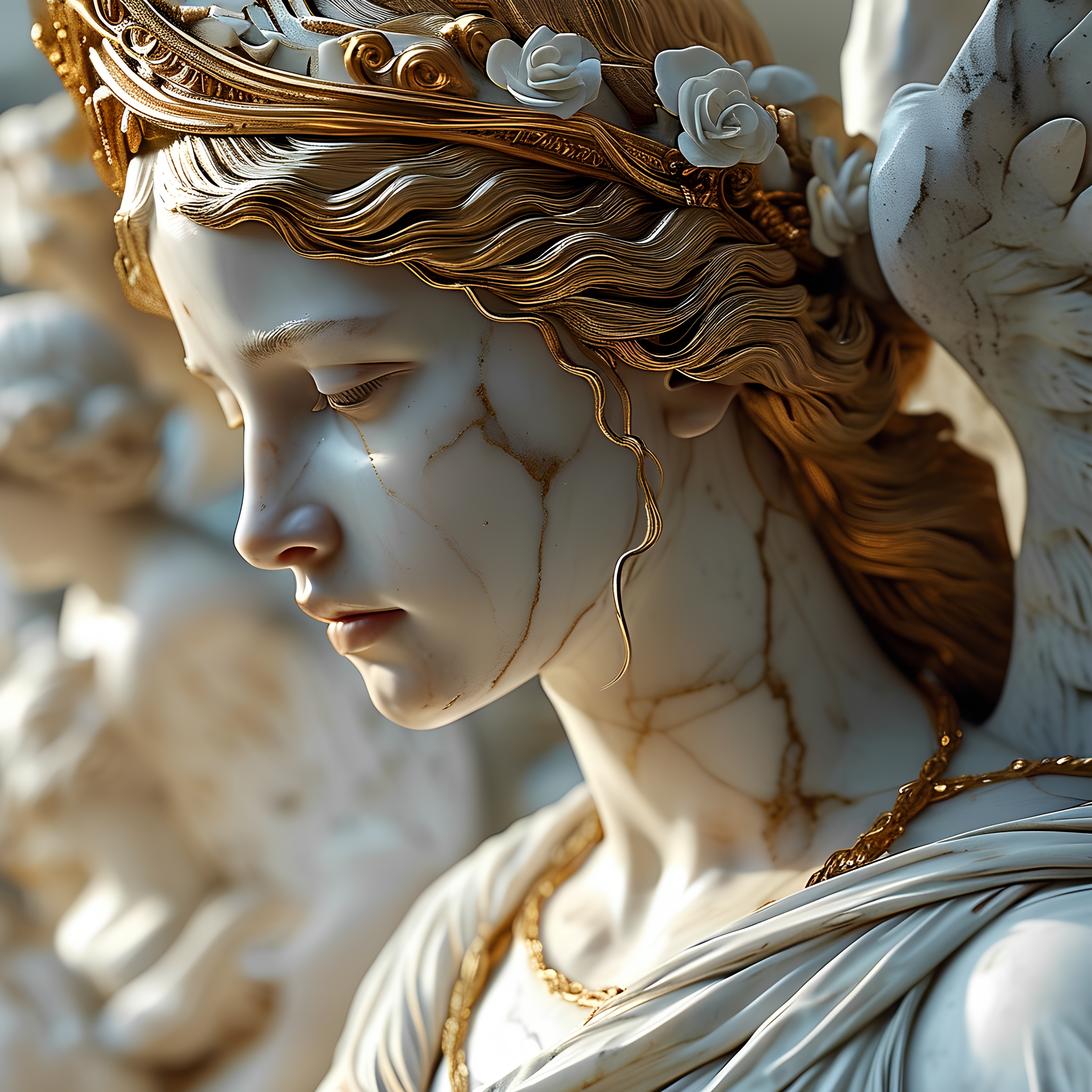 Marble Statue Angelic Woman Gold Accents 1