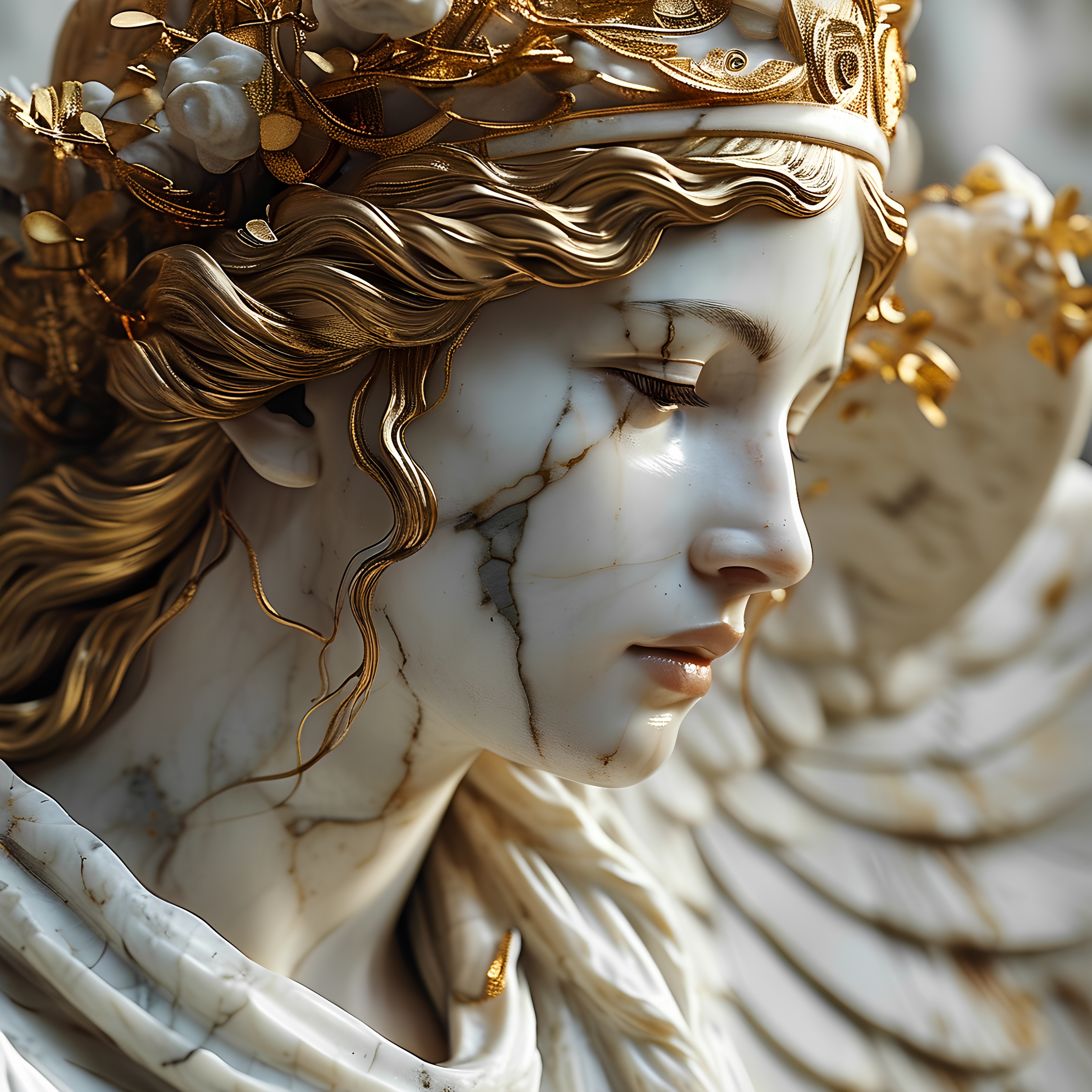 Marble Statue Angelic Woman Gold Accents 3