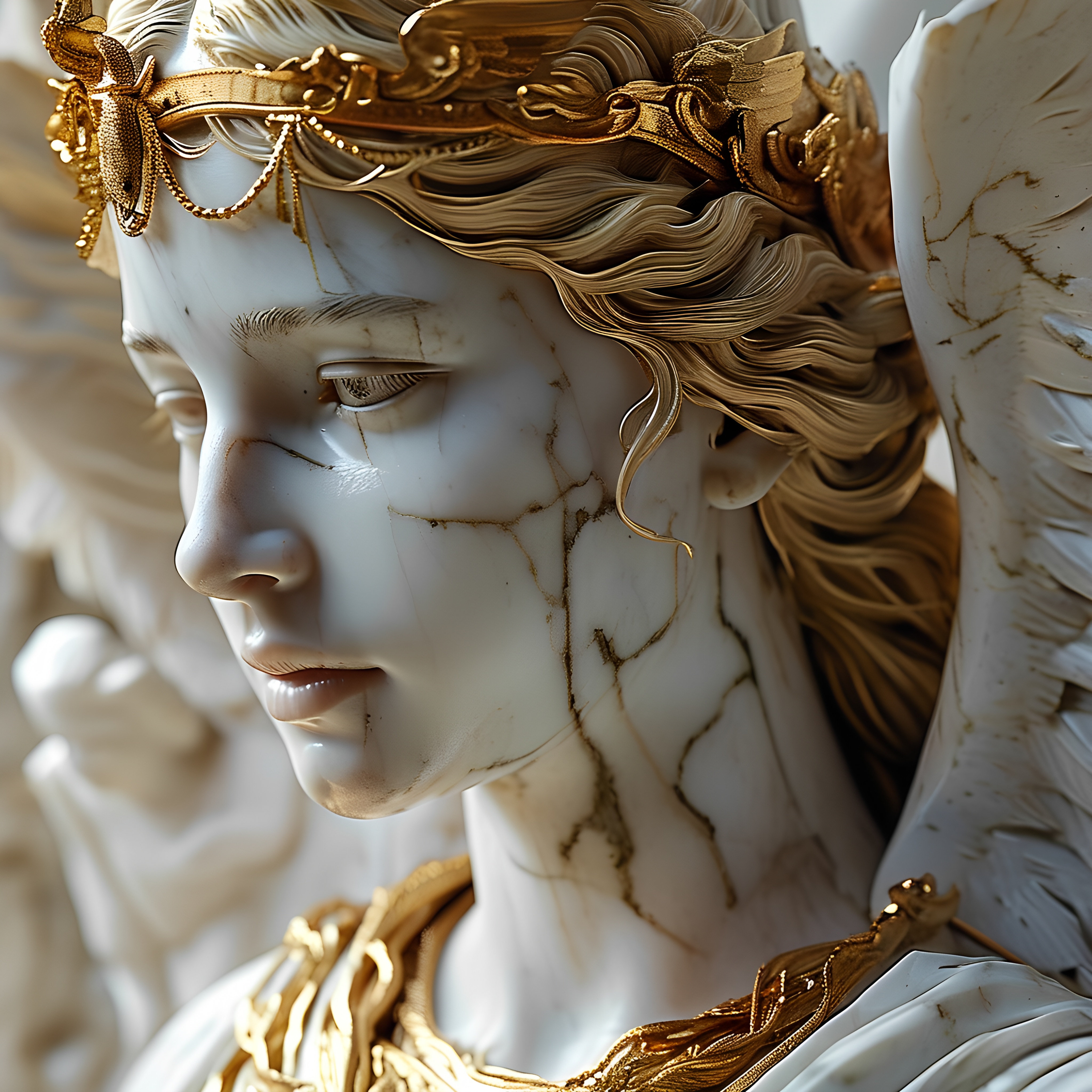 Marble Statue Angelic Woman Gold Accents 4