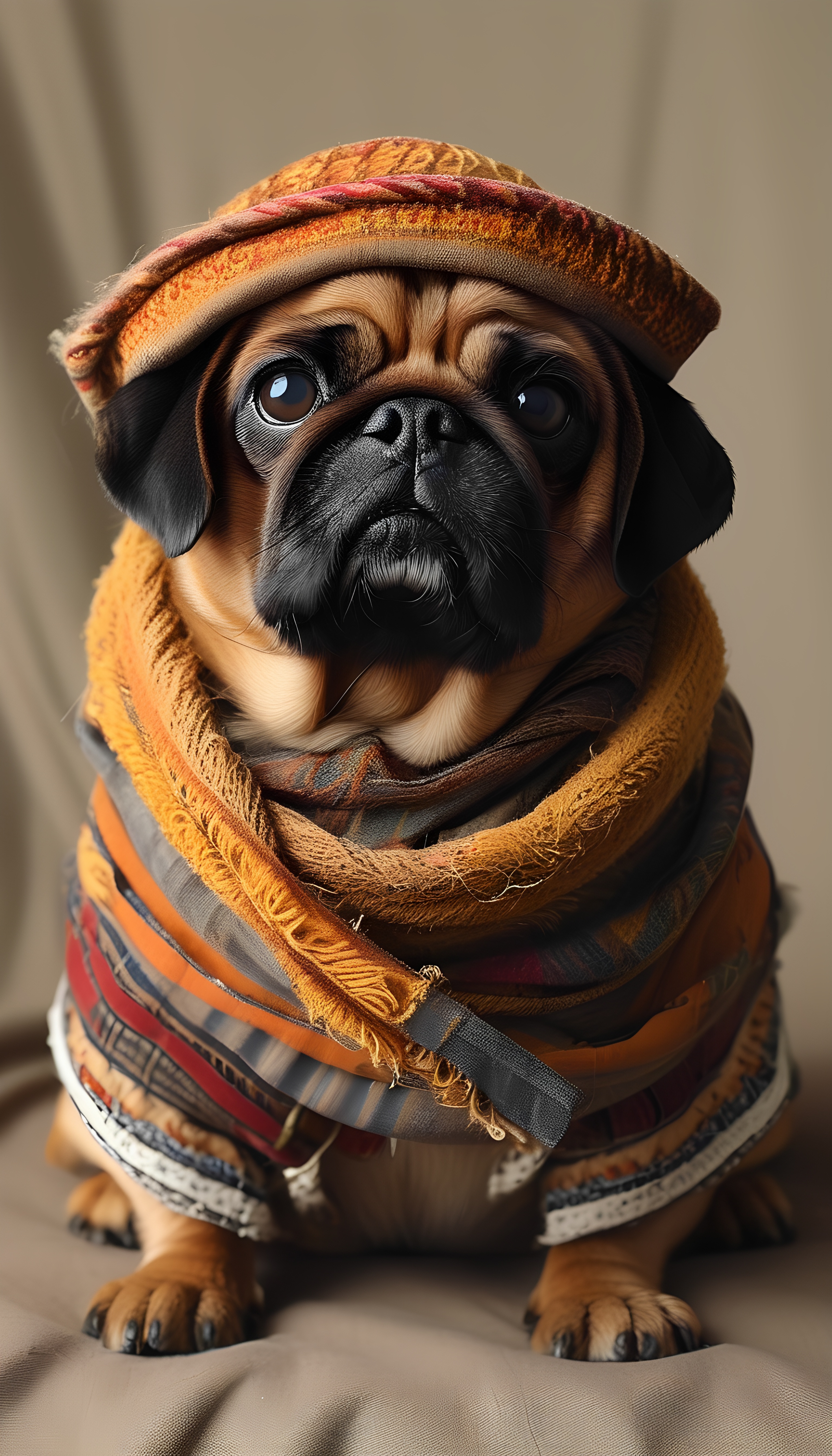 Black Spaniel Yellow Turban And Pug In Red Floral Robe 1