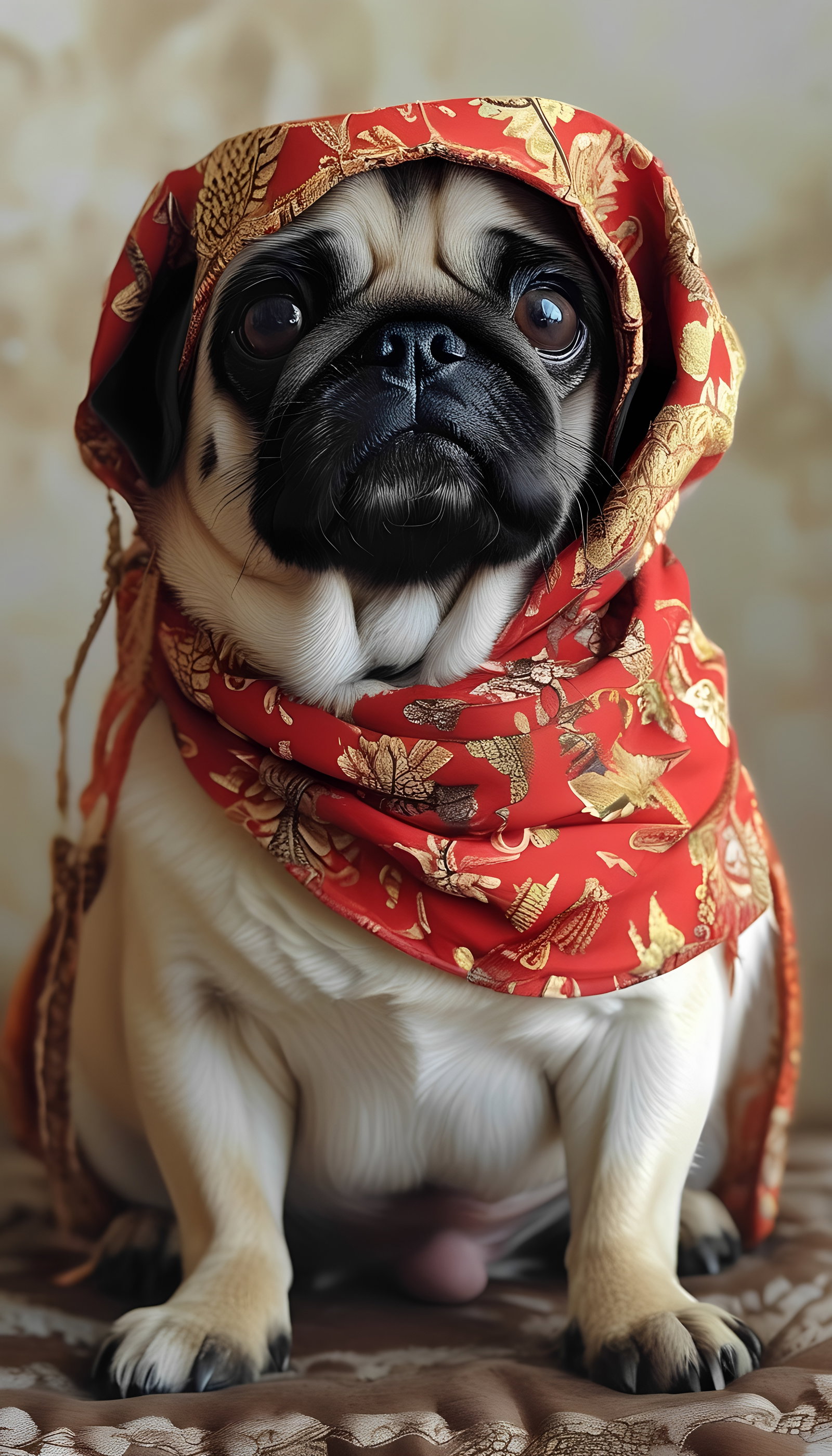 Black Spaniel Yellow Turban And Pug In Red Floral Robe 2