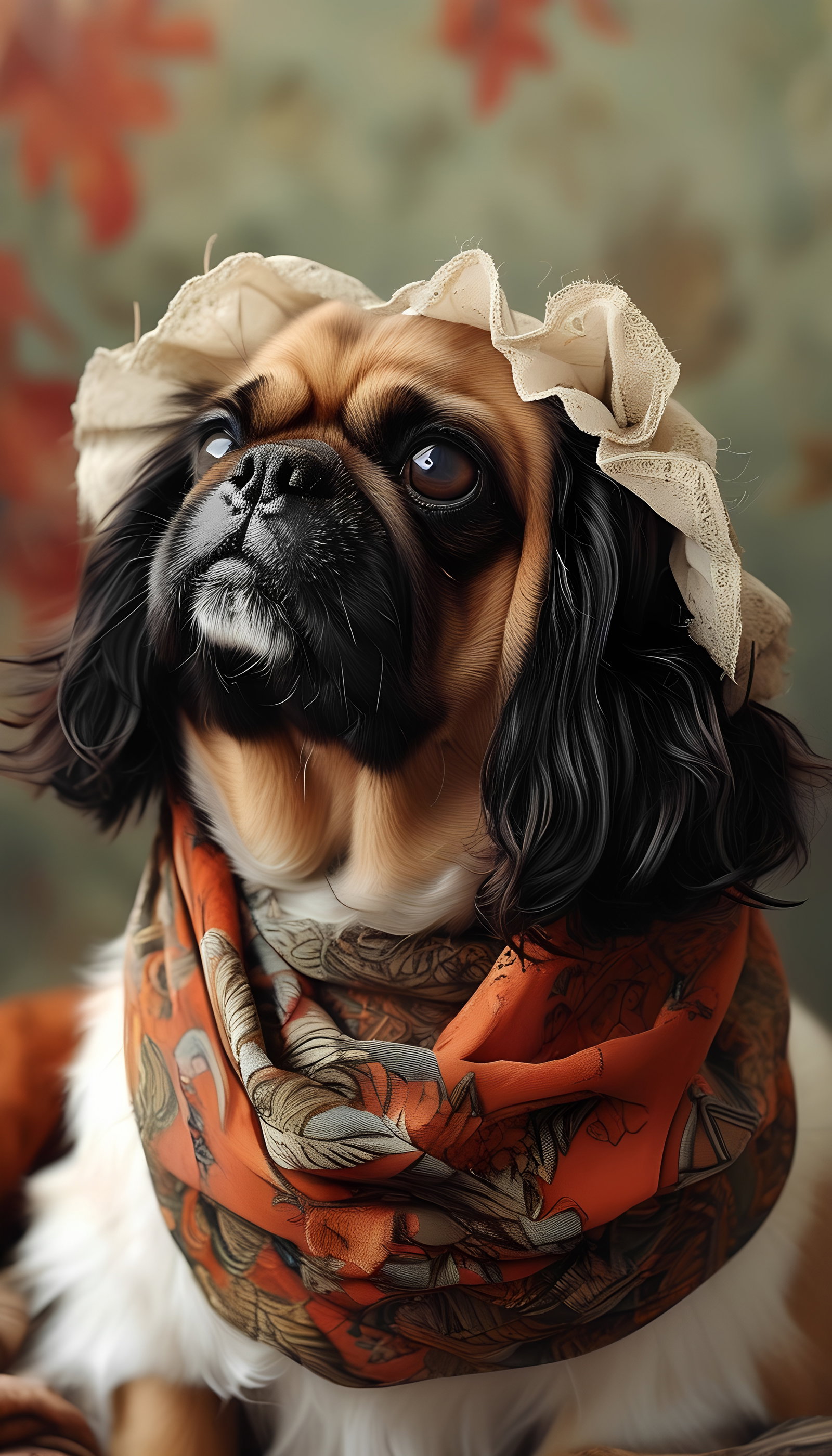 Black Spaniel Yellow Turban And Pug In Red Floral Robe 3