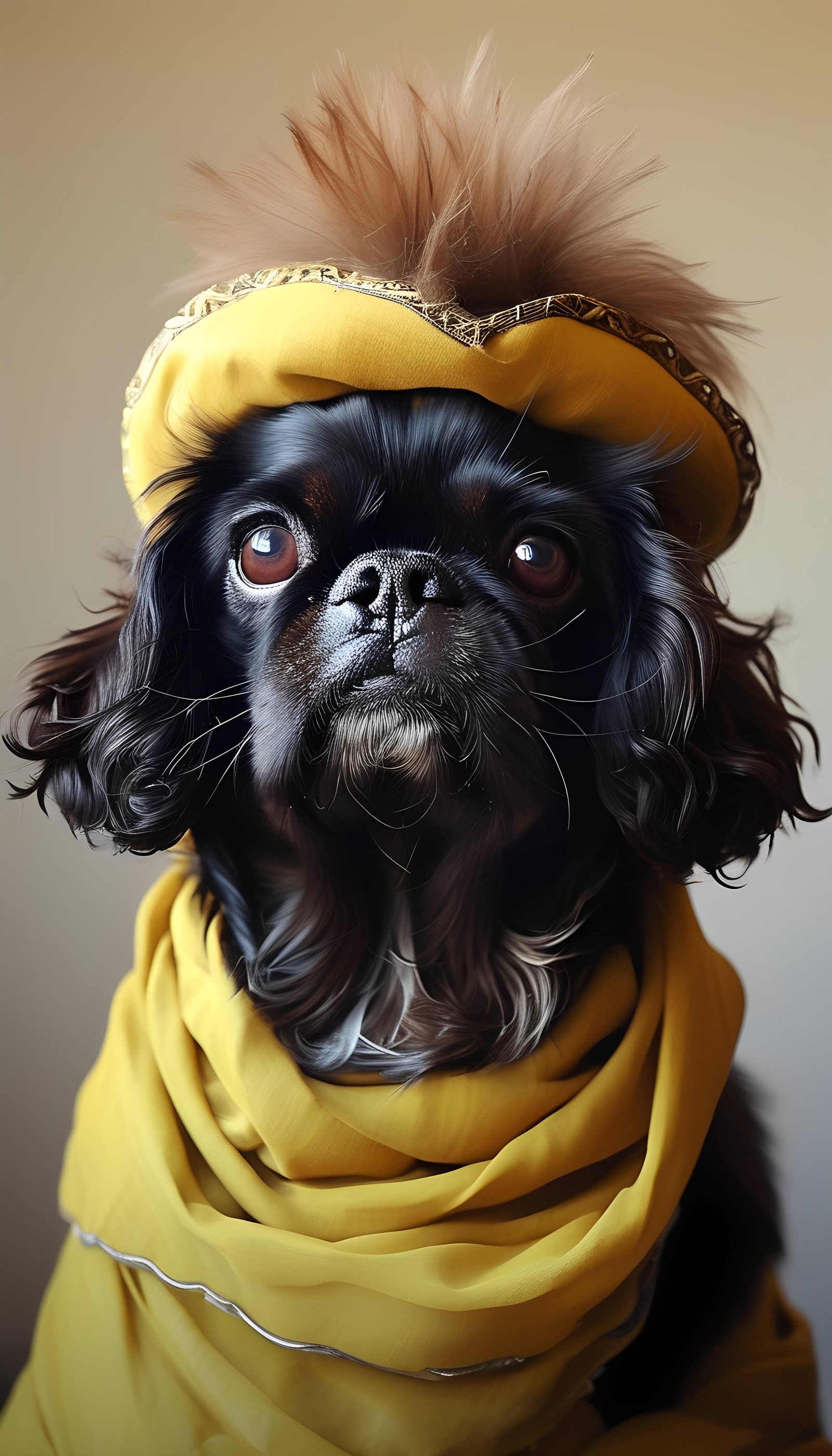 Black Spaniel Yellow Turban And Pug In Red Floral Robe 4