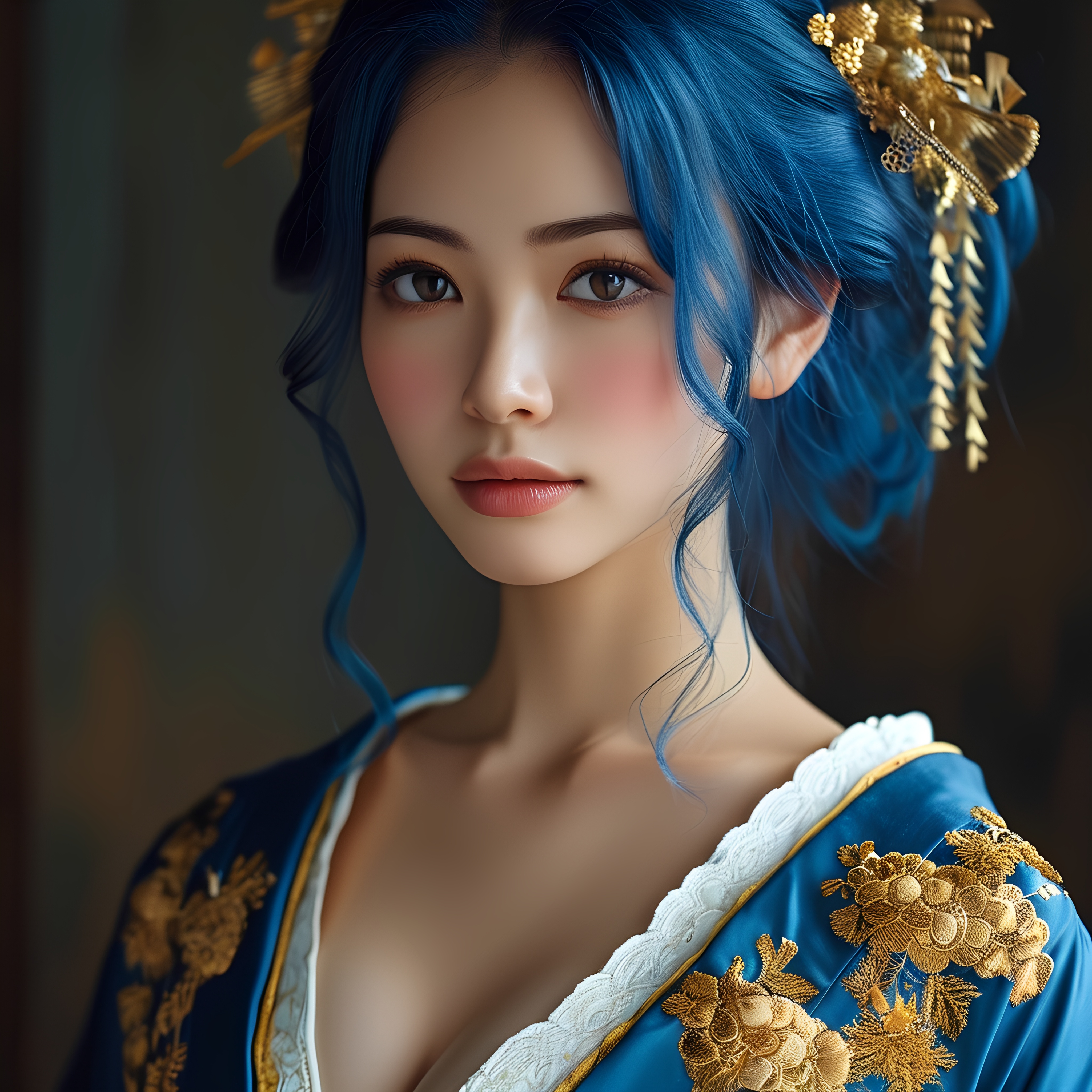 Blue Haired Woman Traditional Robe Golden Embroidery 1