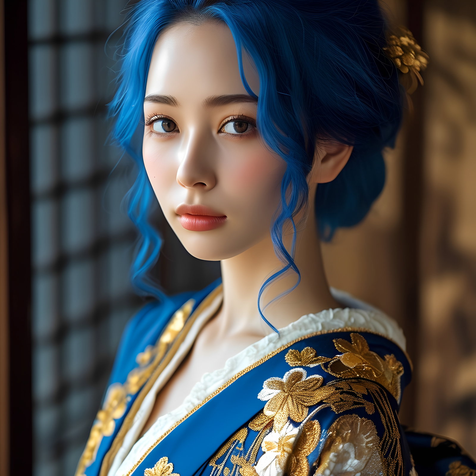 Blue Haired Woman Traditional Robe Golden Embroidery 2