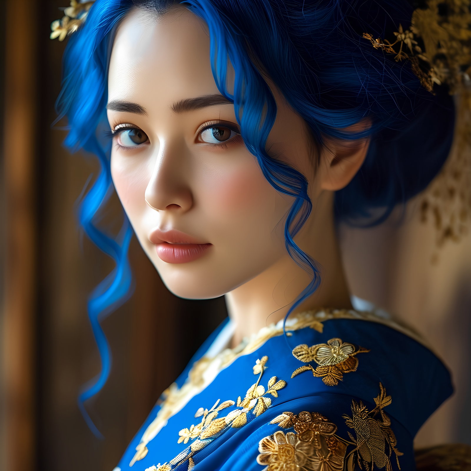 Blue Haired Woman Traditional Robe Golden Embroidery 3