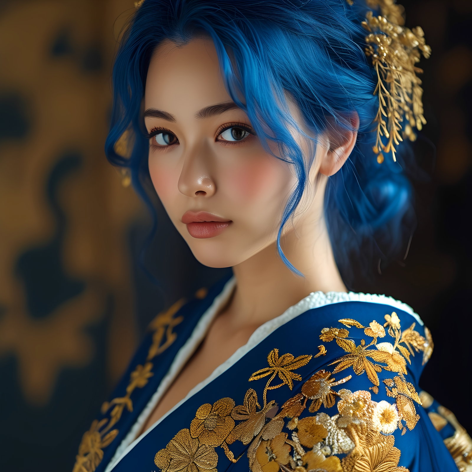 Blue Haired Woman Traditional Robe Golden Embroidery 4