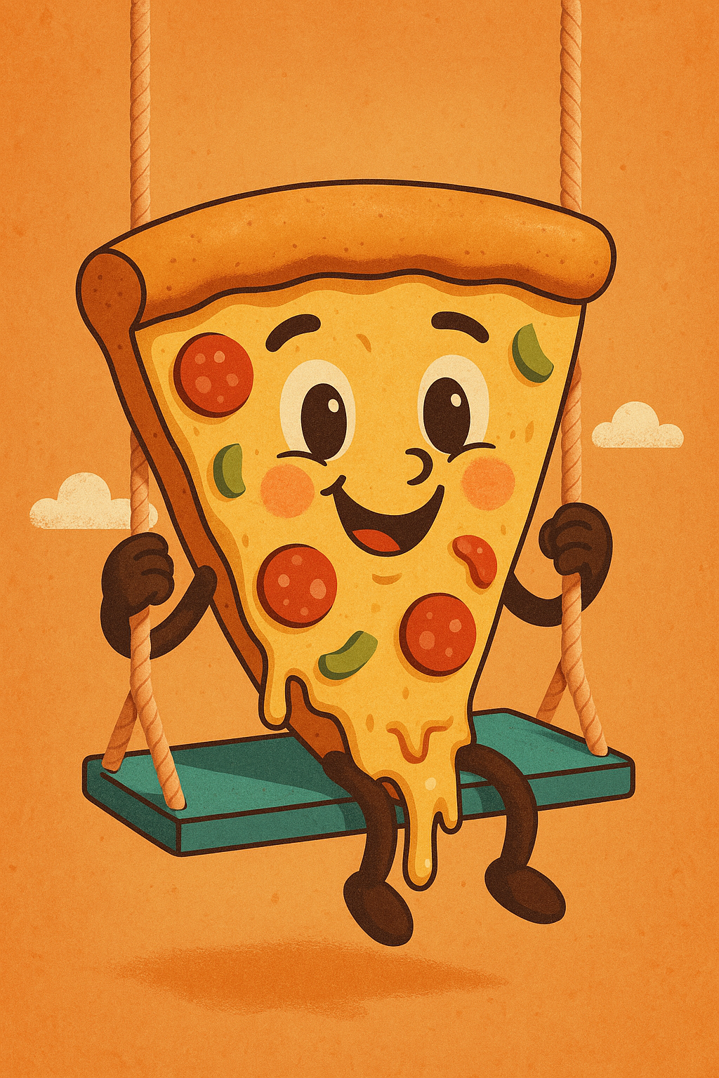 Cartoon Pizza Slice Swing Pepperoni Cheese Smiling Character