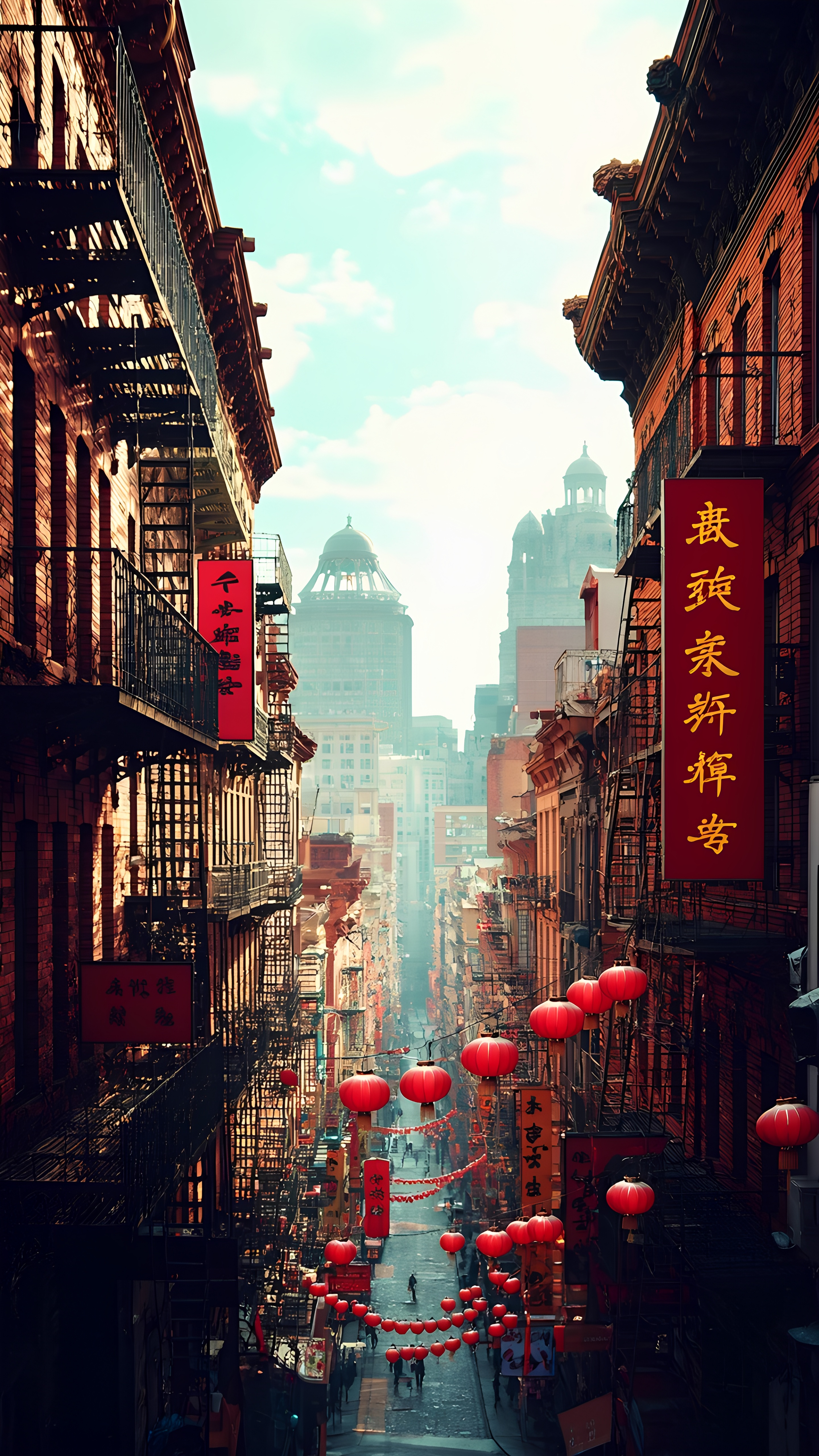 Chinatown Street View With Red Lanterns And Signage 1