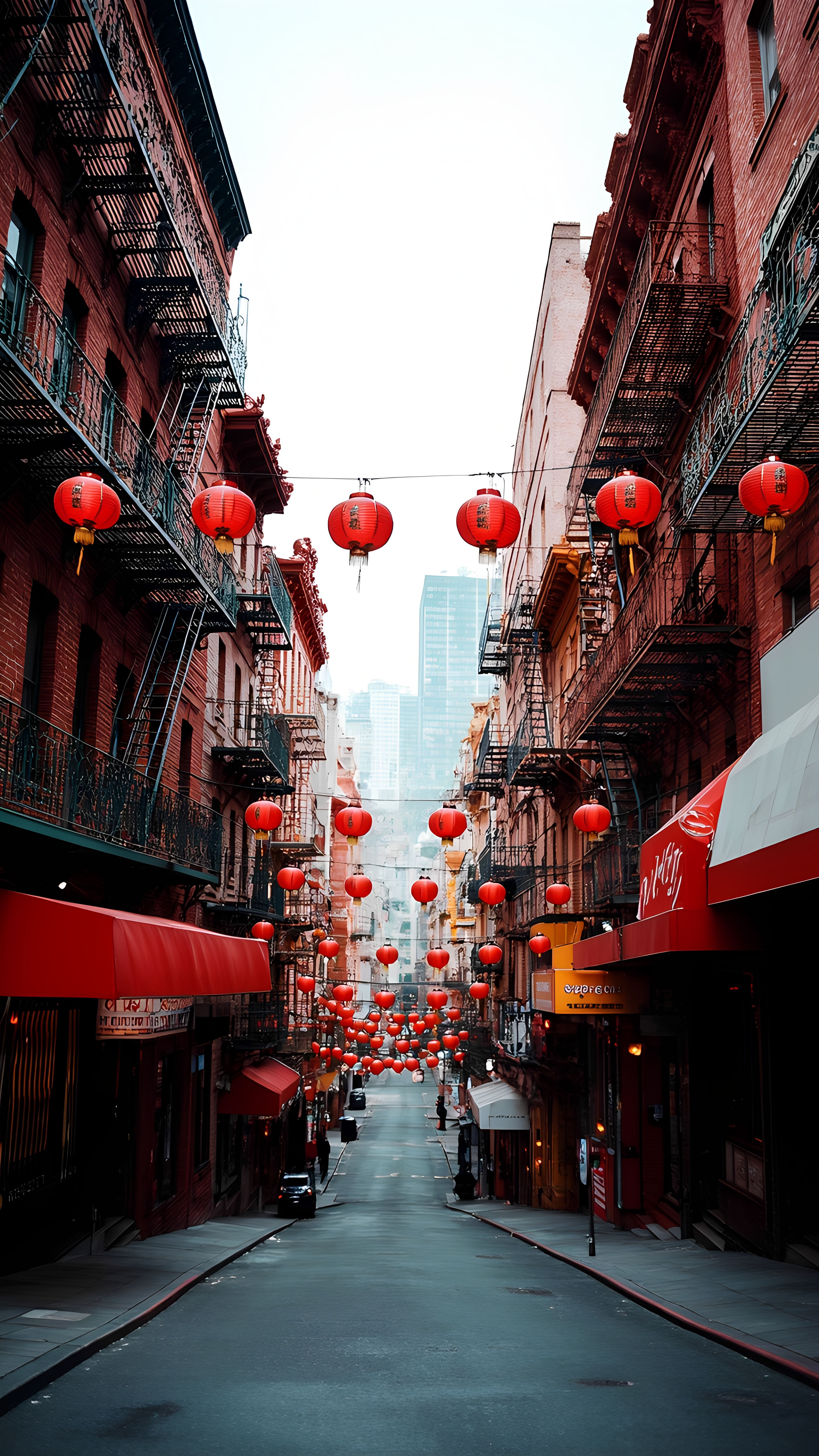 Chinatown Street View With Red Lanterns And Signage 2