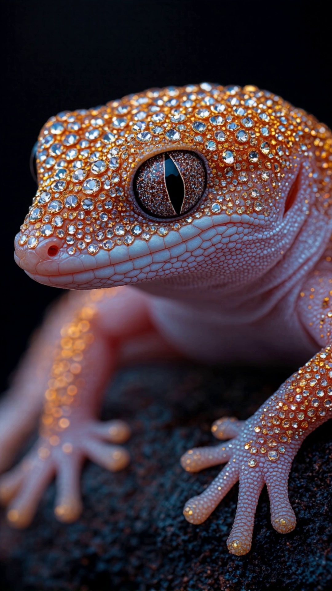 Close Up Gecko Covered In Diamonds Resting On Rock Video – video thumbnail