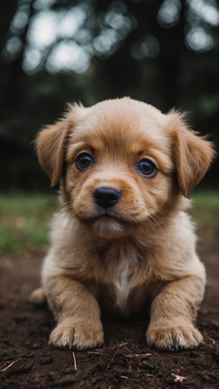 Close Up Of Golden Brown Puppy With Big Eyes On Natural Ground 3