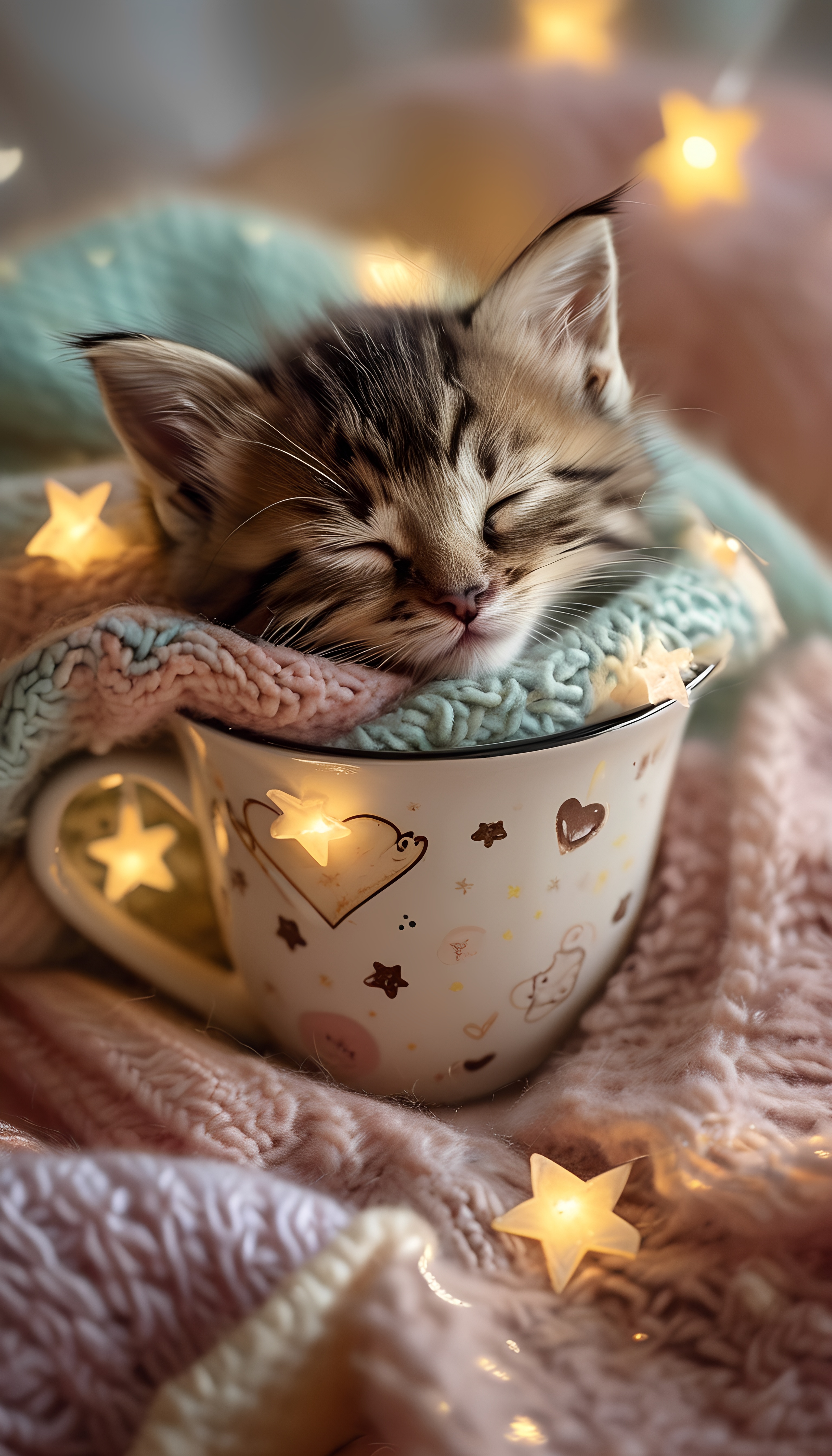 Cute Tabby Kitten Sleeping Mug Blanket Hearts Stars Lights 1