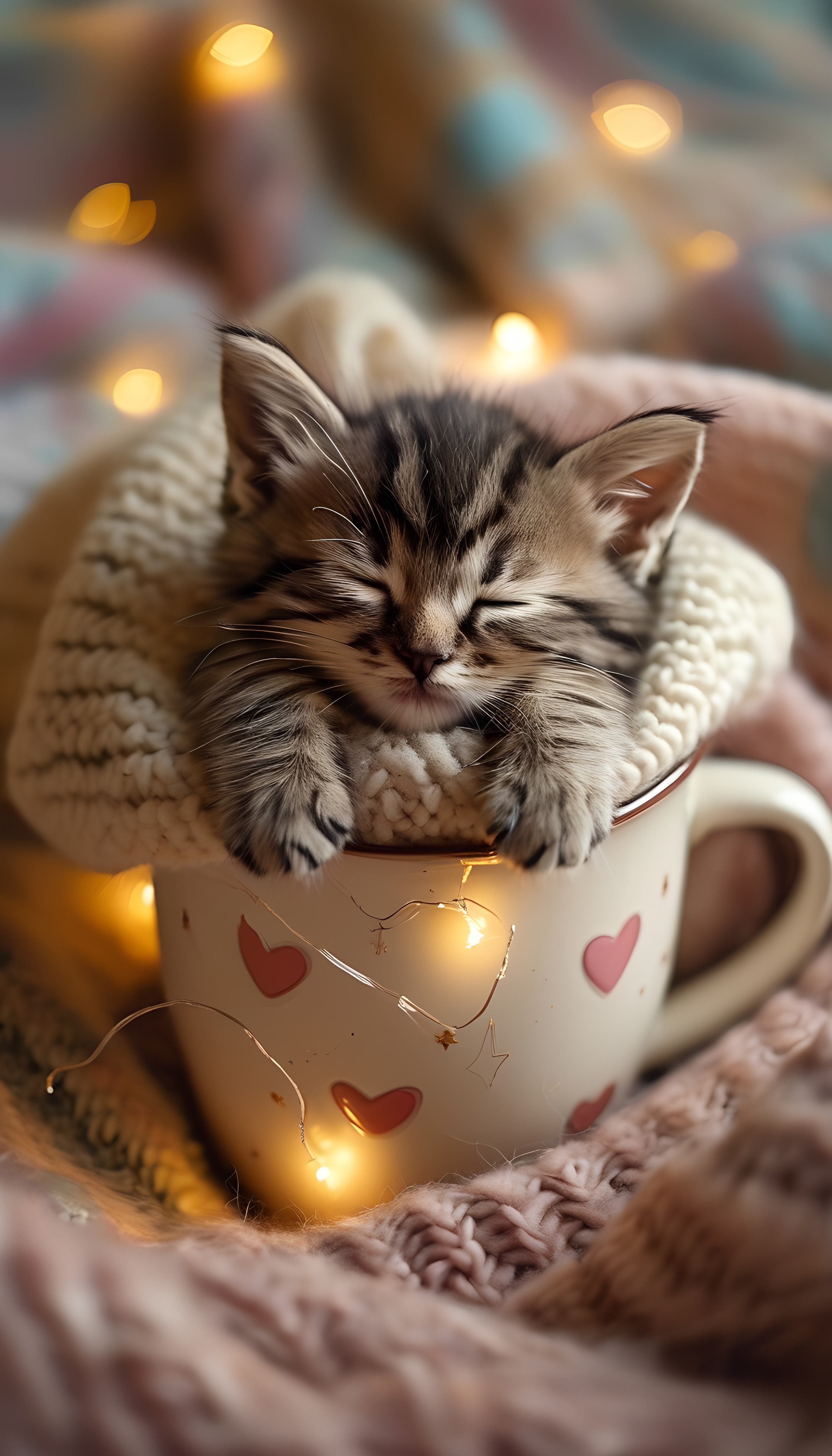 Cute Tabby Kitten Sleeping Mug Blanket Hearts Stars Lights 2
