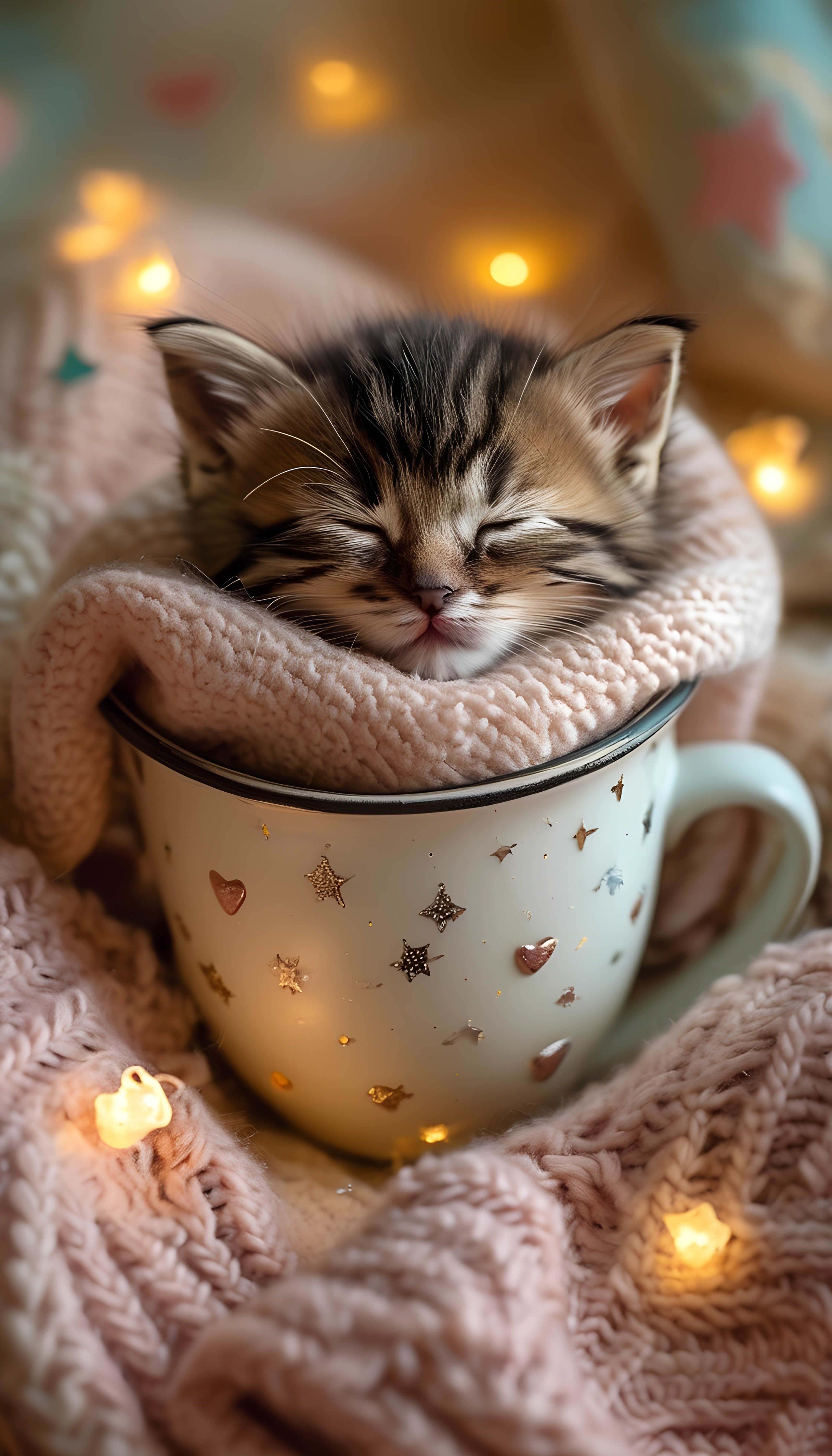 Cute Tabby Kitten Sleeping Mug Blanket Hearts Stars Lights 3