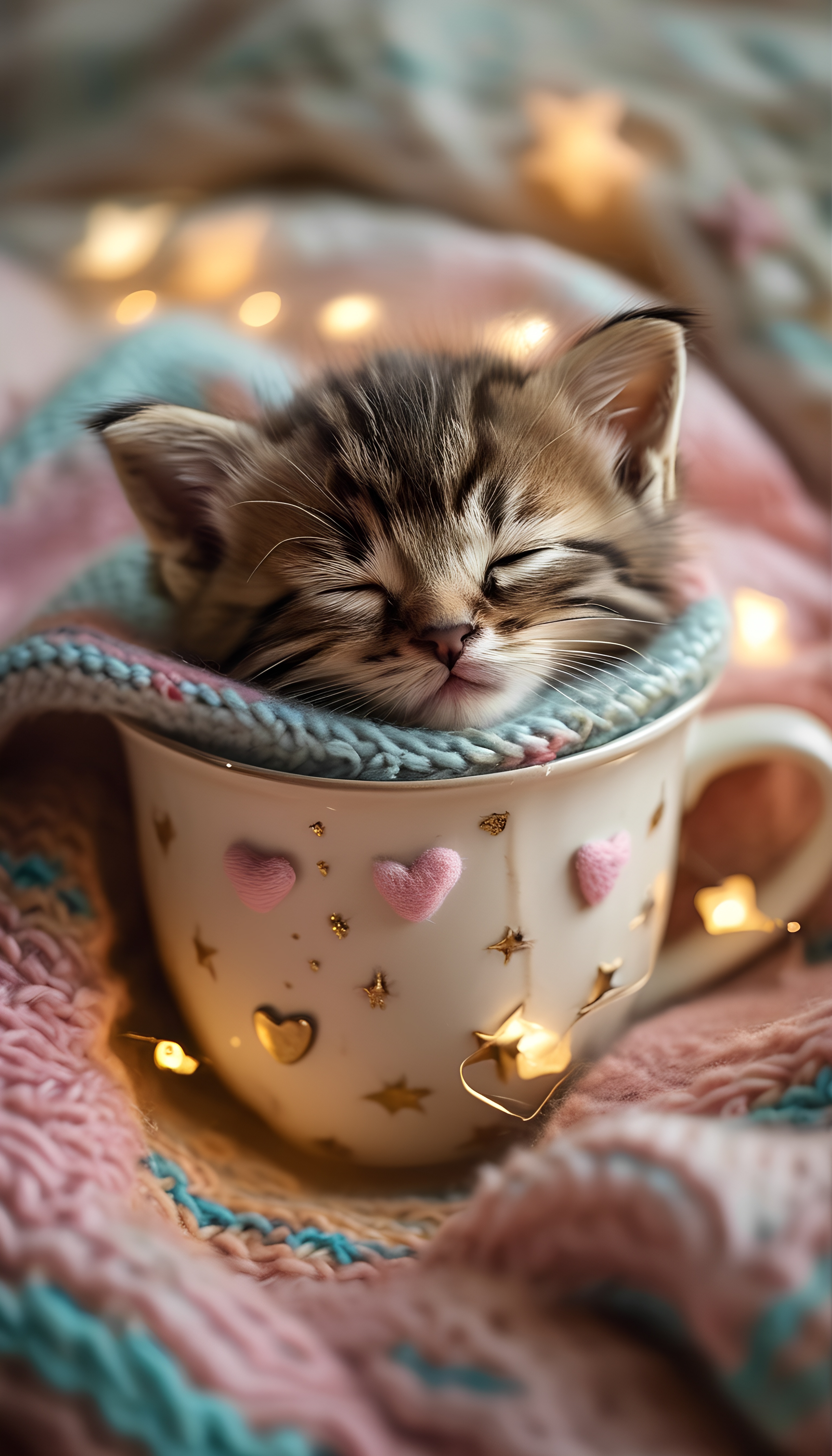 Cute Tabby Kitten Sleeping Mug Blanket Hearts Stars Lights 4