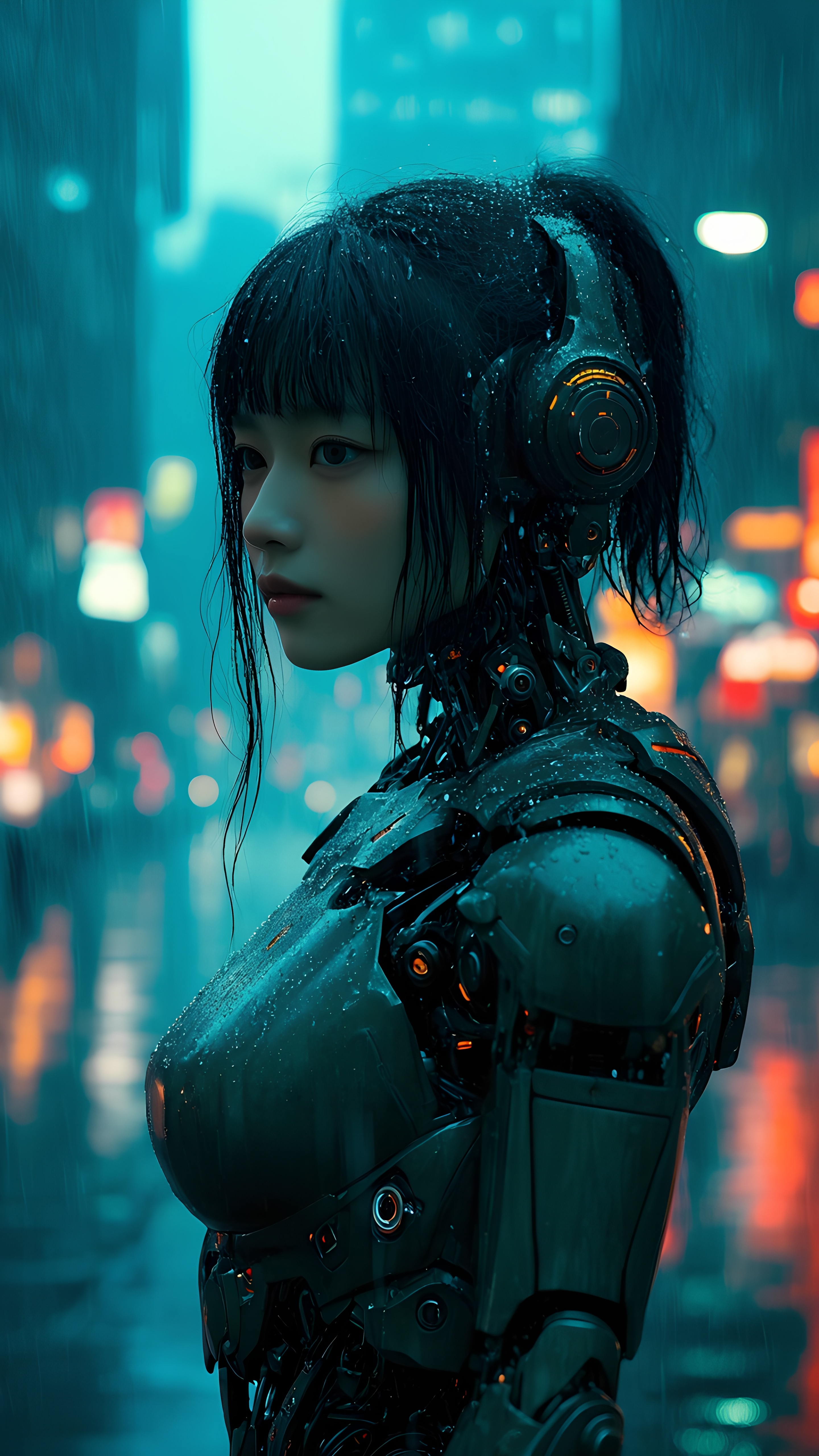 Cyberpunk Woman Robot Glowing Parts In Neon Rainy Street 1