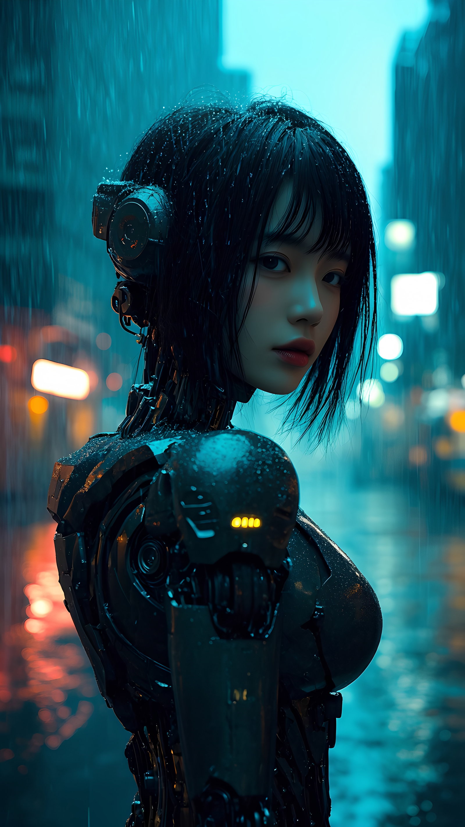 Cyberpunk Woman Robot Glowing Parts In Neon Rainy Street 3