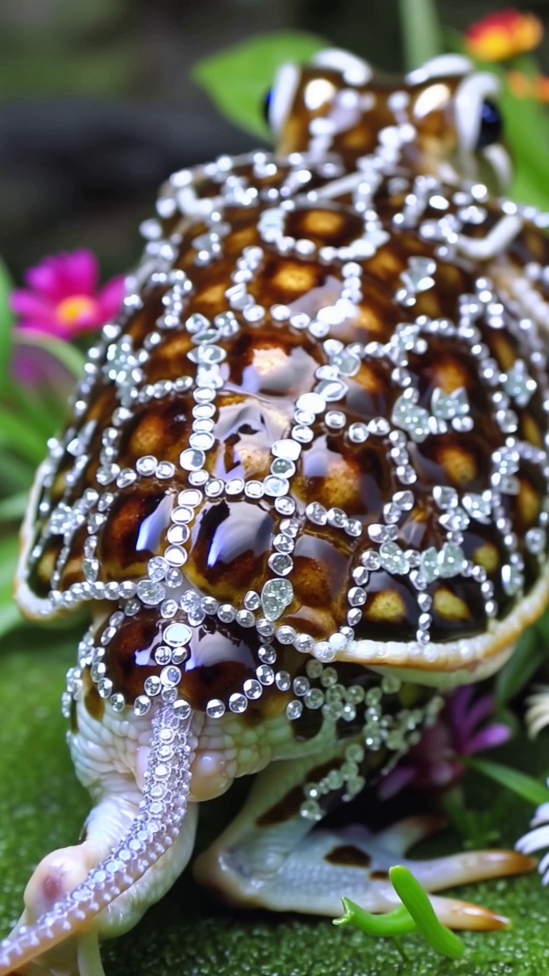 Diamond Encrusted Frog Surrounded By Flowers Closeup Video – video thumbnail