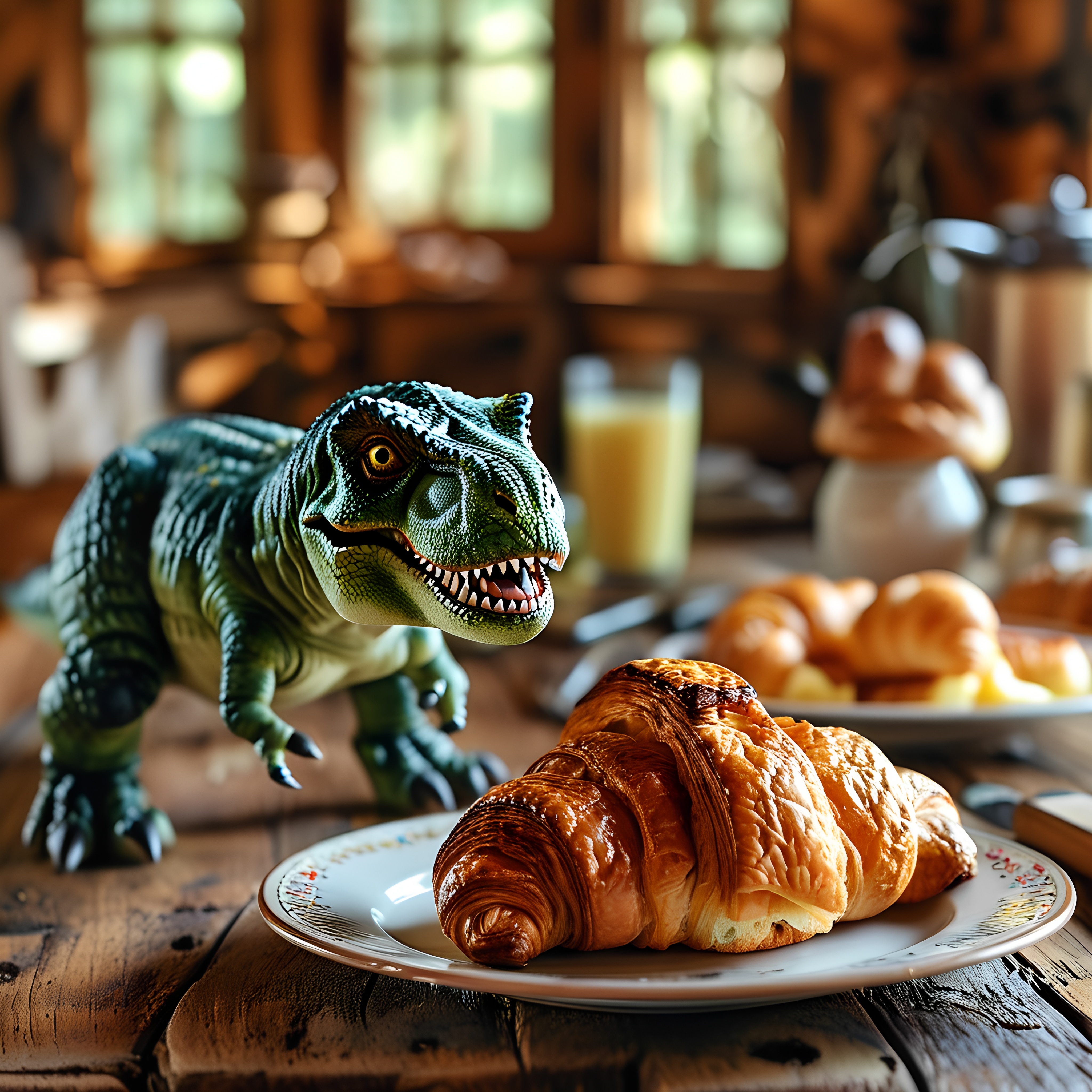 Dinosaur Croissant Breakfast Scene Rustic Cabin 1