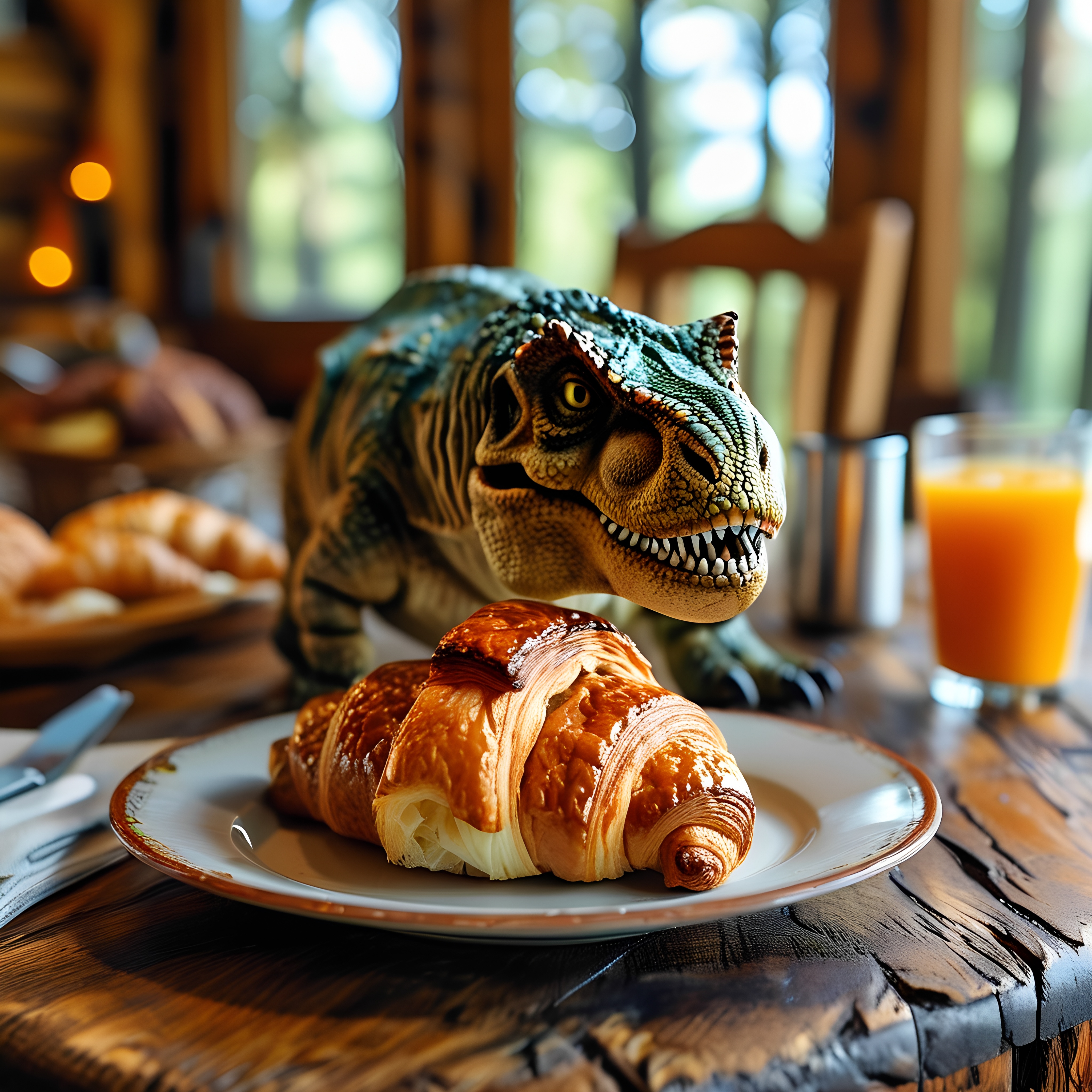 Dinosaur Croissant Breakfast Scene Rustic Cabin 2