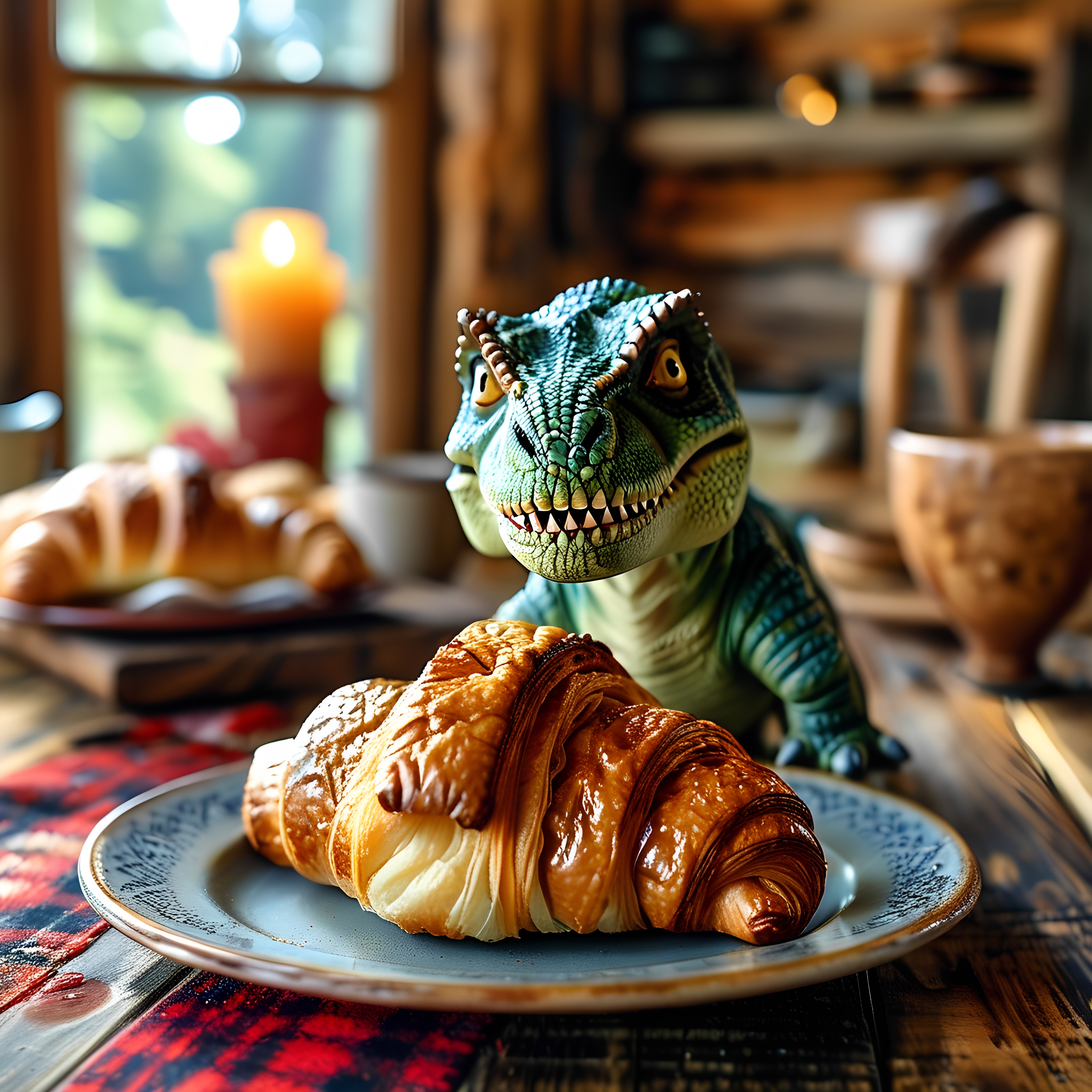 Dinosaur Croissant Breakfast Scene Rustic Cabin 3