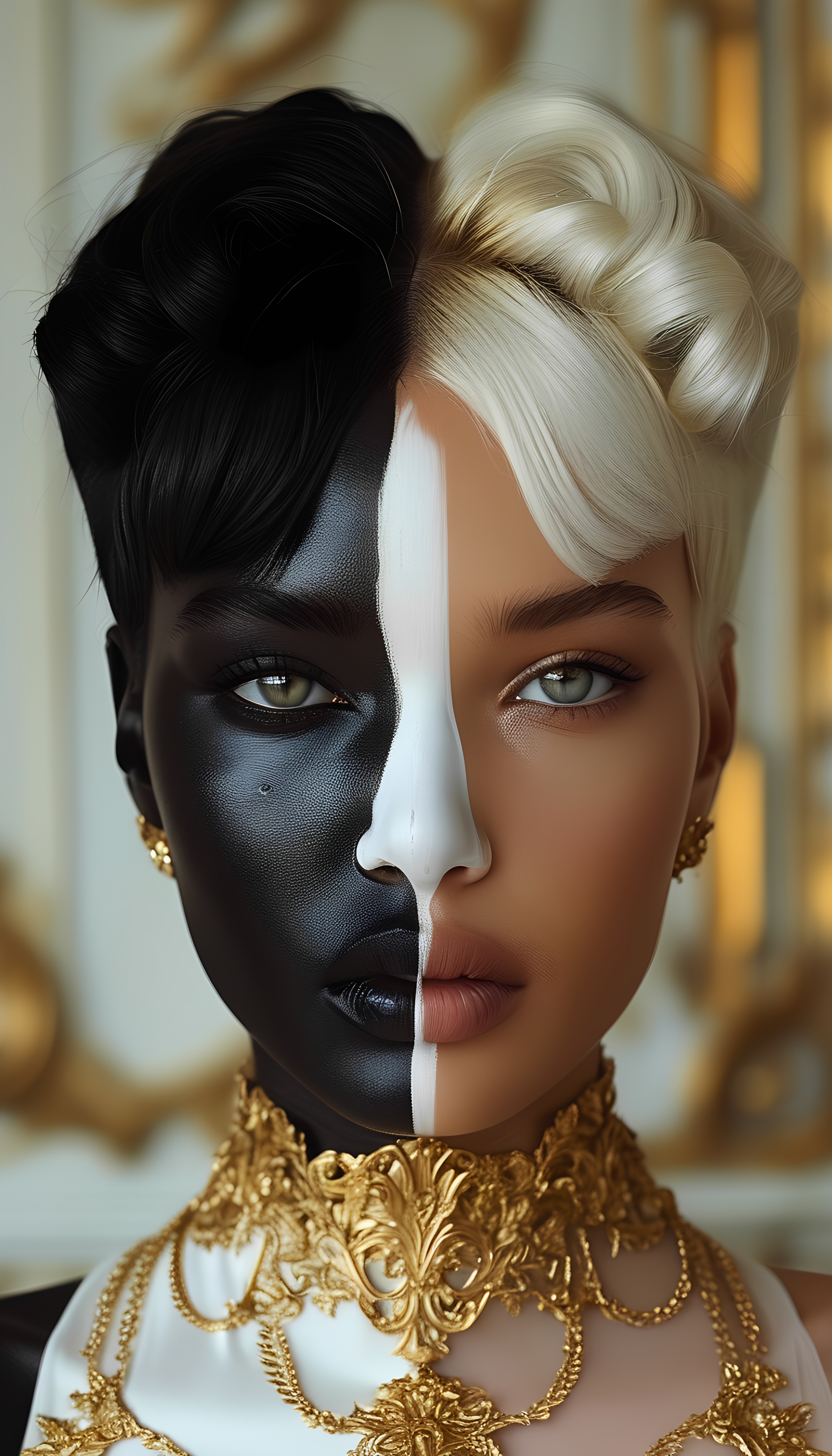 Dual Toned Woman With Golden Accessories In Royal Fashion Style 1
