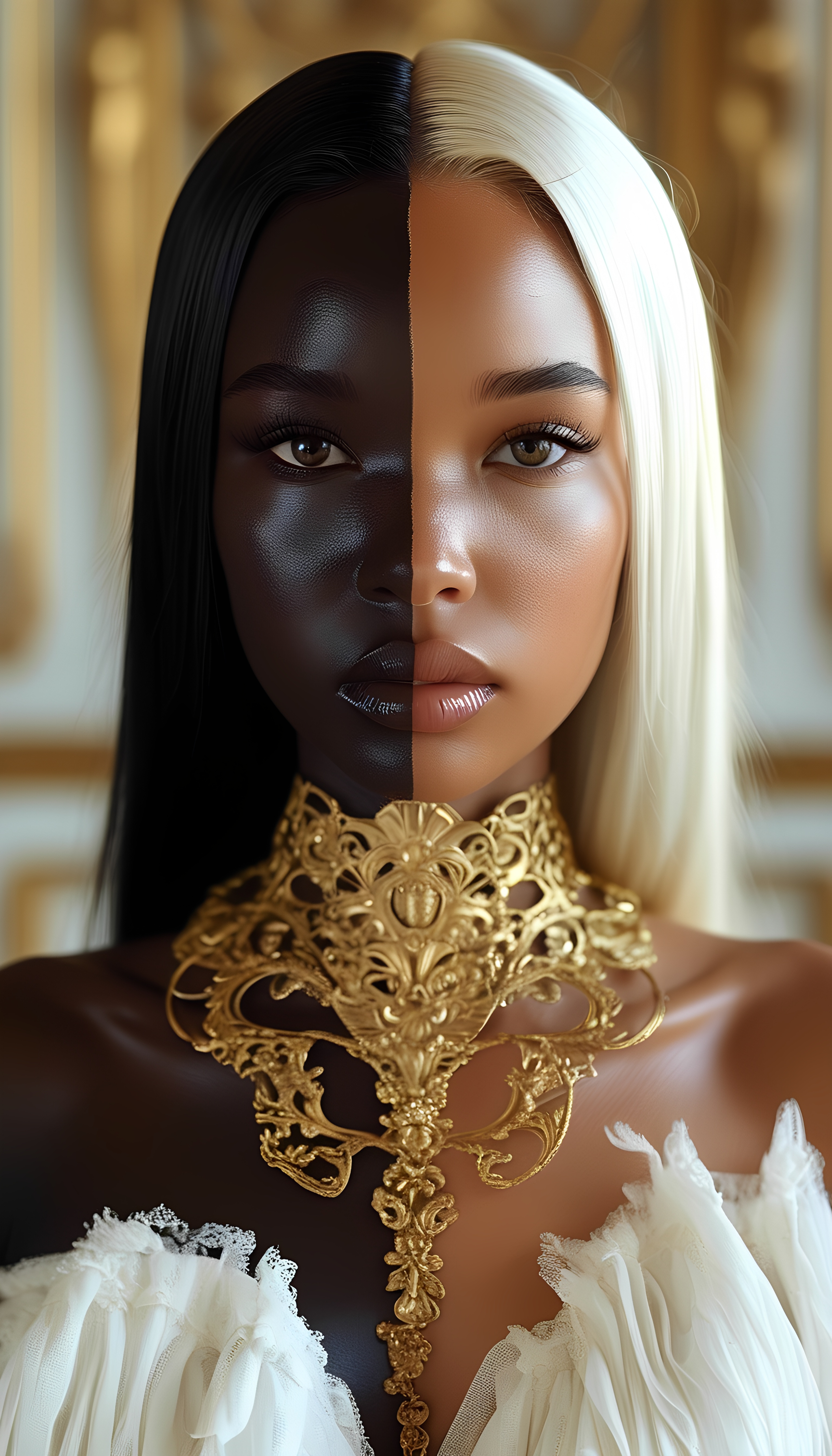 Dual Toned Woman With Golden Accessories In Royal Fashion Style 2