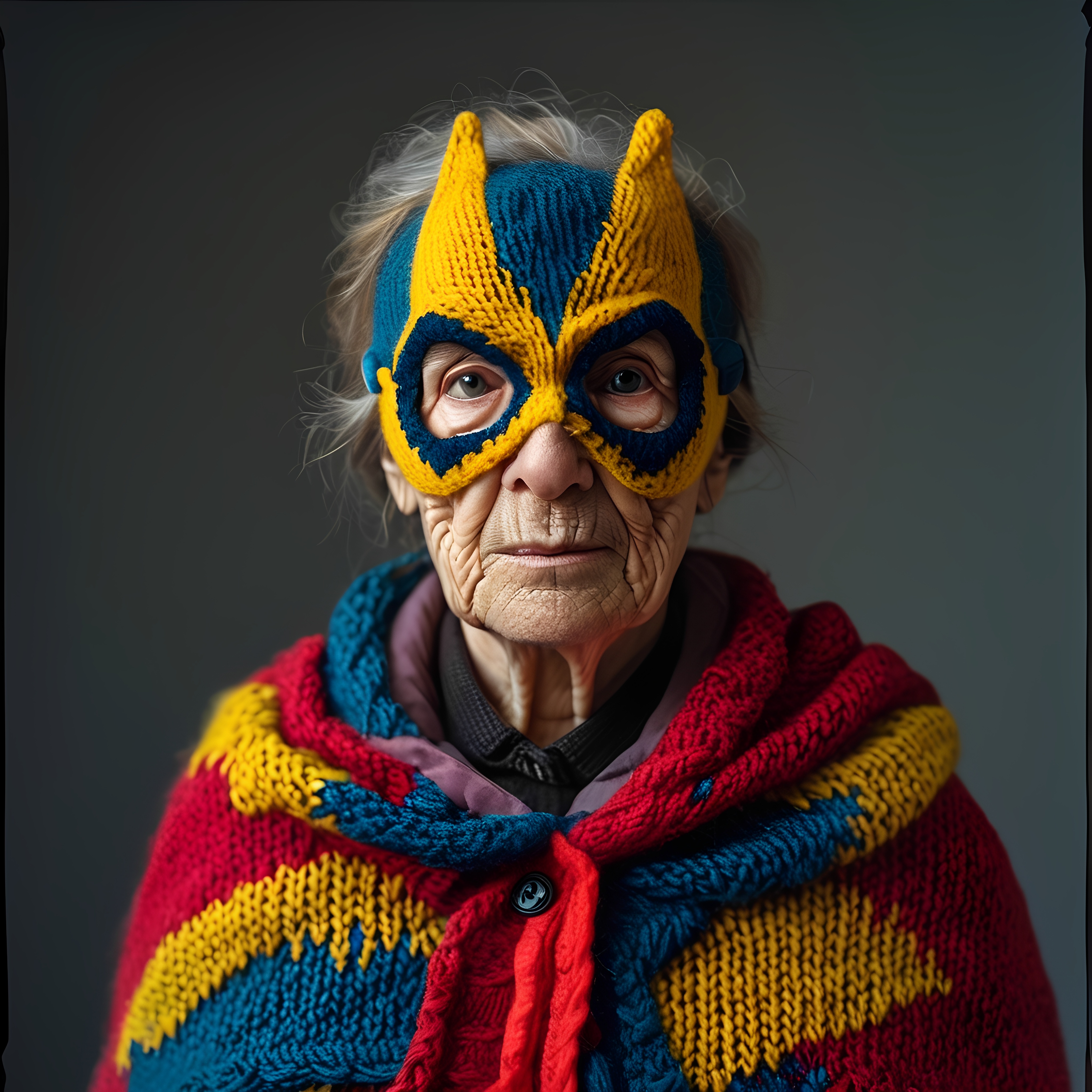 Elderly Woman In Knitted Superhero Costume 1