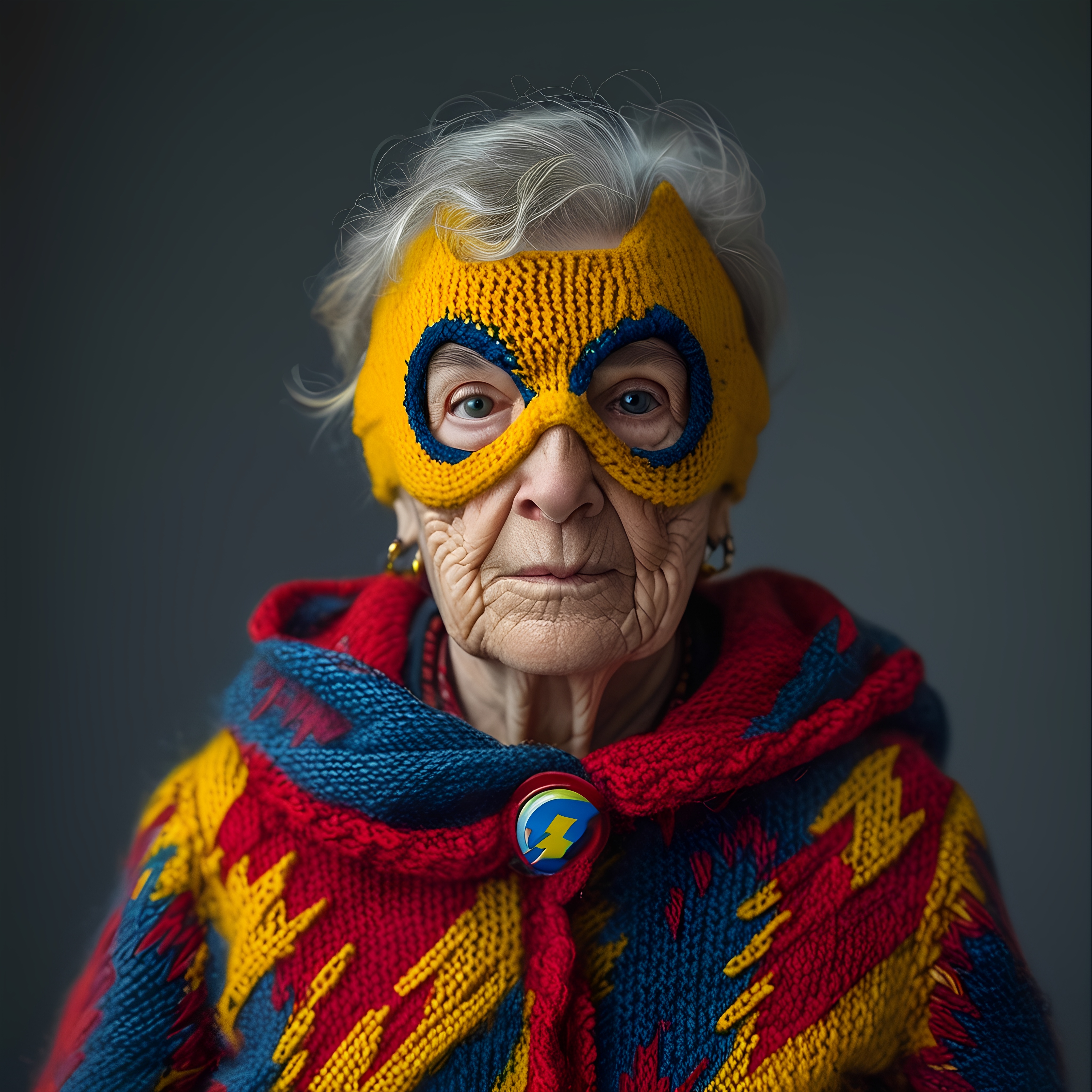Elderly Woman In Knitted Superhero Costume 2