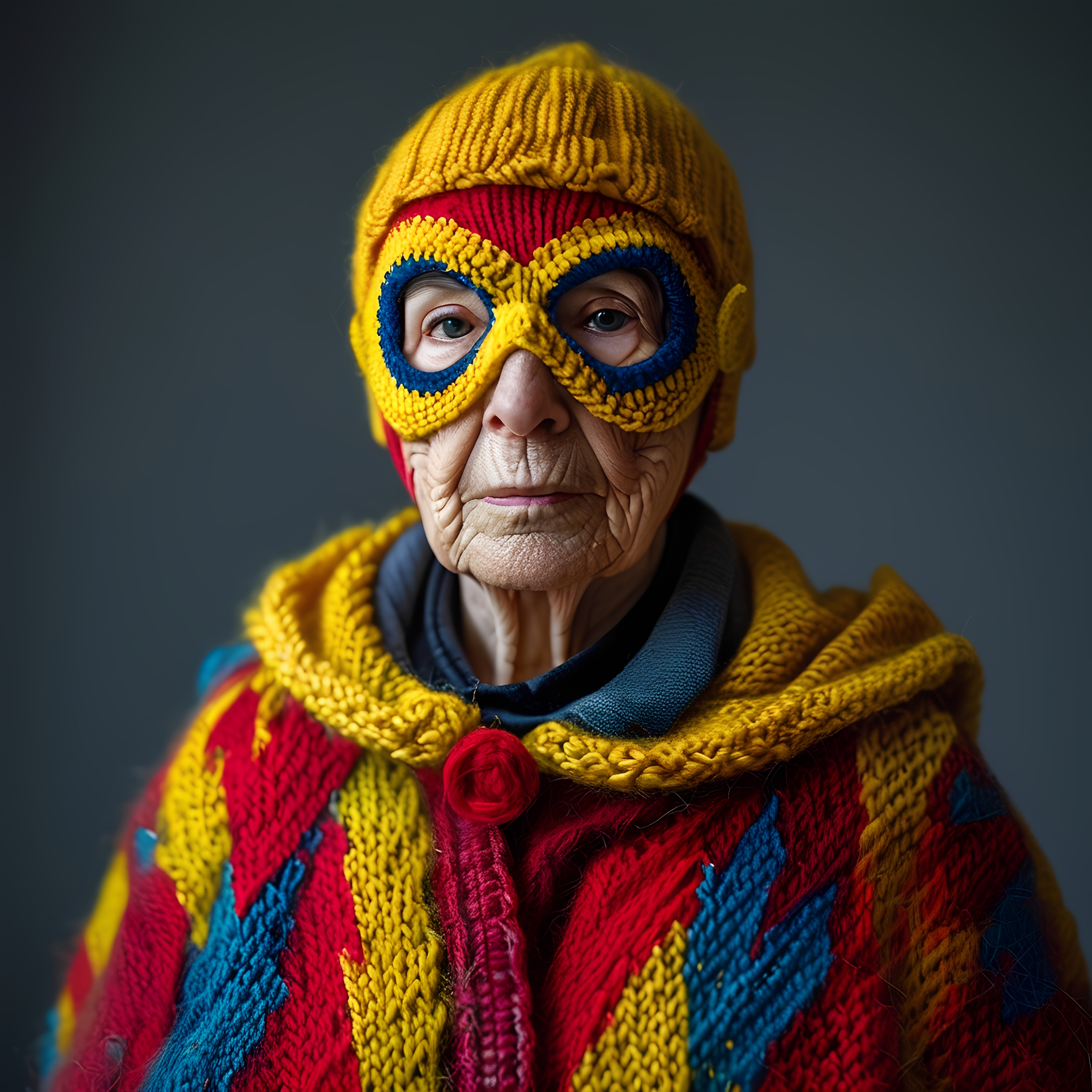Elderly Woman In Knitted Superhero Costume 3