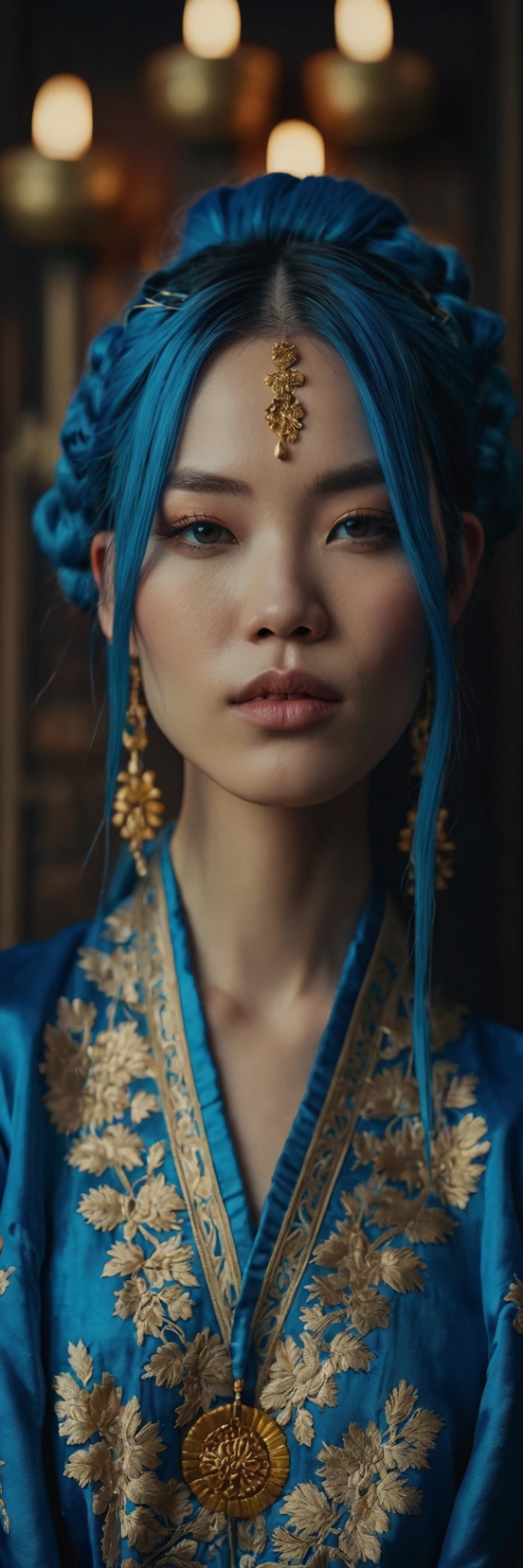 Elegant Woman Blue Hair Traditional Asian Gold Robe Portrait 1