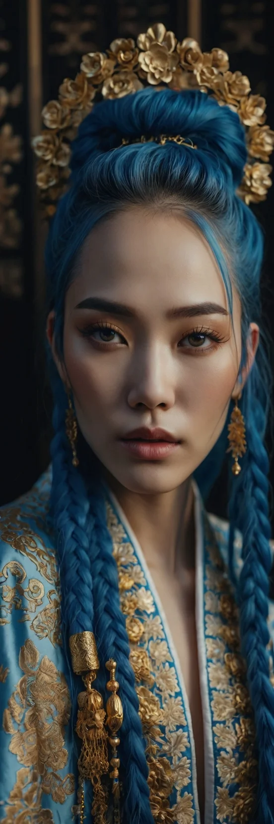 Elegant Woman Blue Hair Traditional Asian Gold Robe Portrait 2