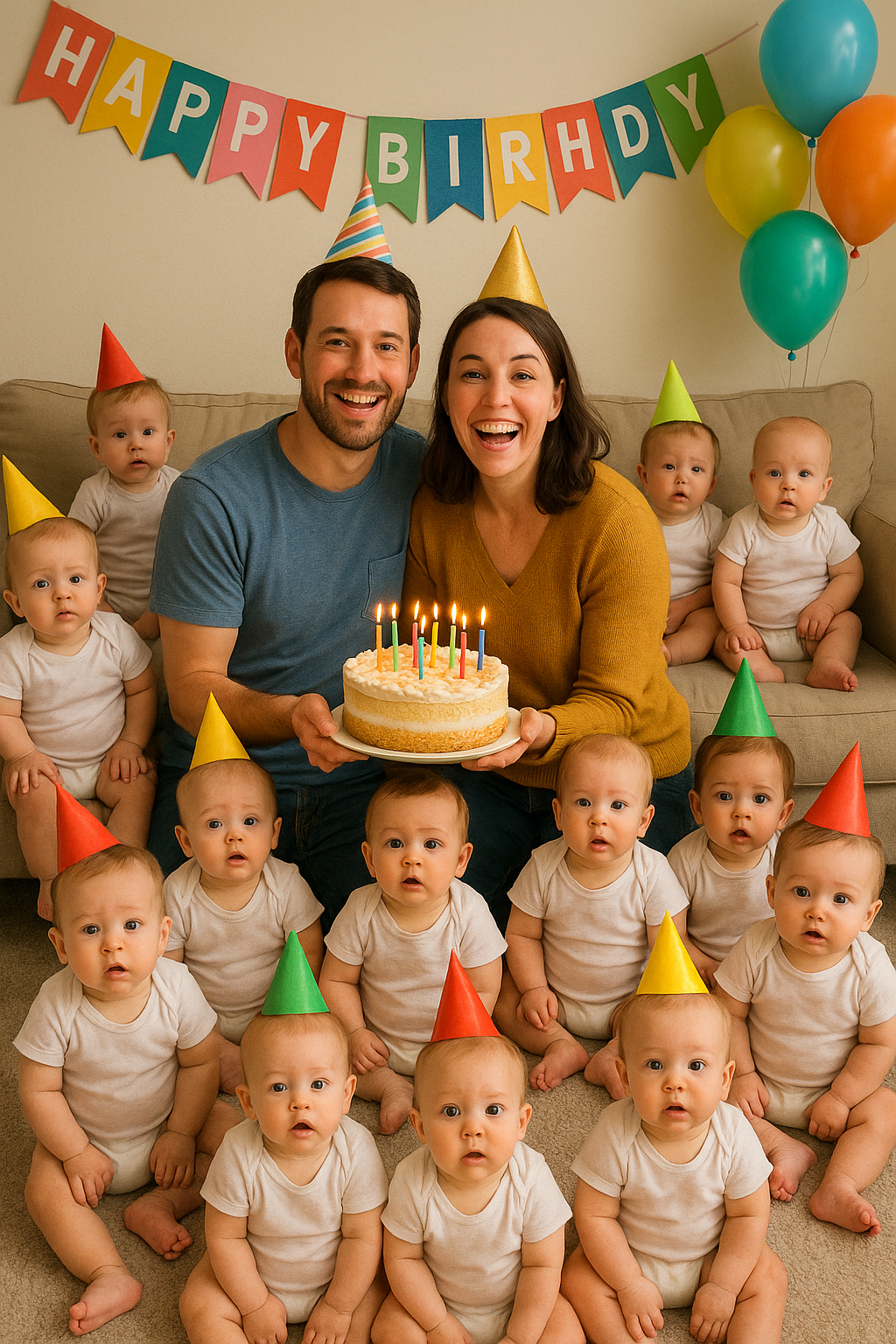 Family Birthday Party With Multiple Identical Babies And Cake 1