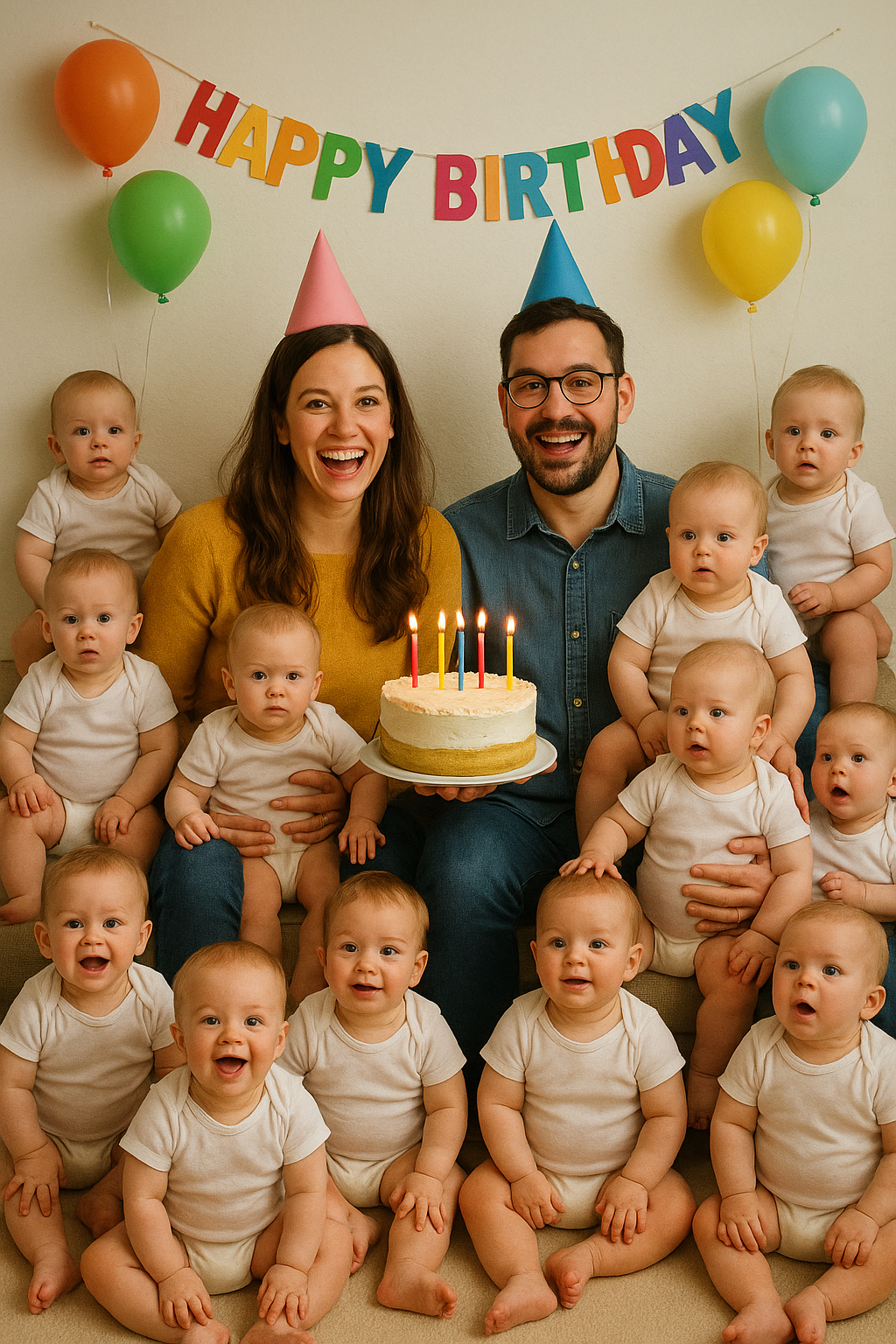 Family Birthday Party With Multiple Identical Babies And Cake 2