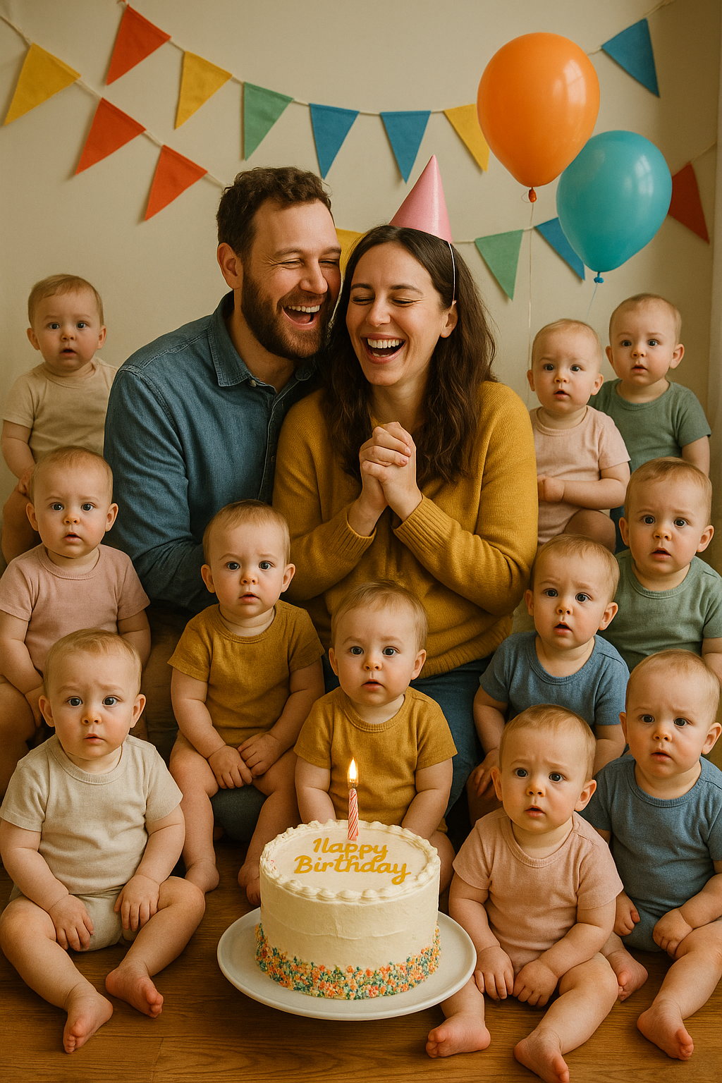 Family Birthday Party With Multiple Identical Babies And Cake 3