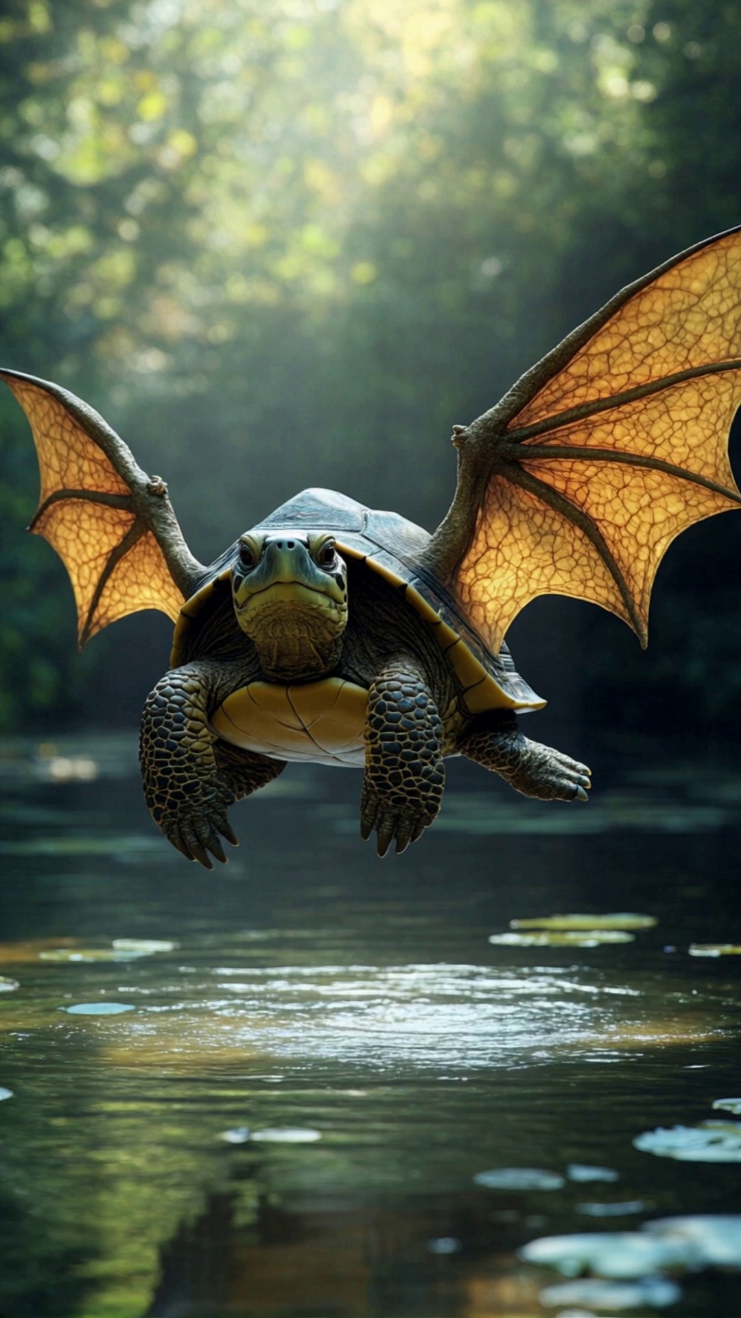 Flying Turtle With Dragon Wings Over Pond Video – video thumbnail