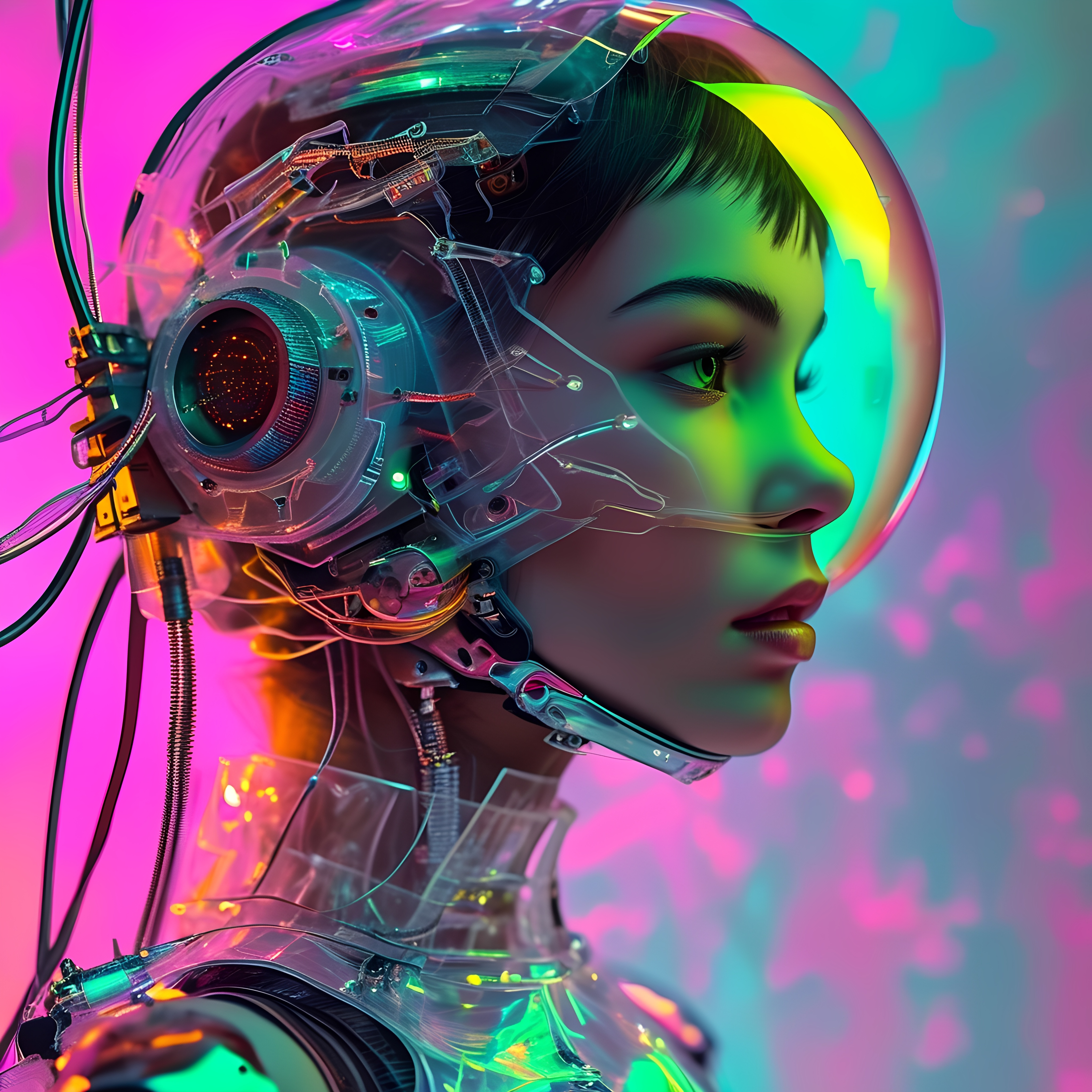 Futuristic Female Cyborg Transparent Helmet Neon Glow 1