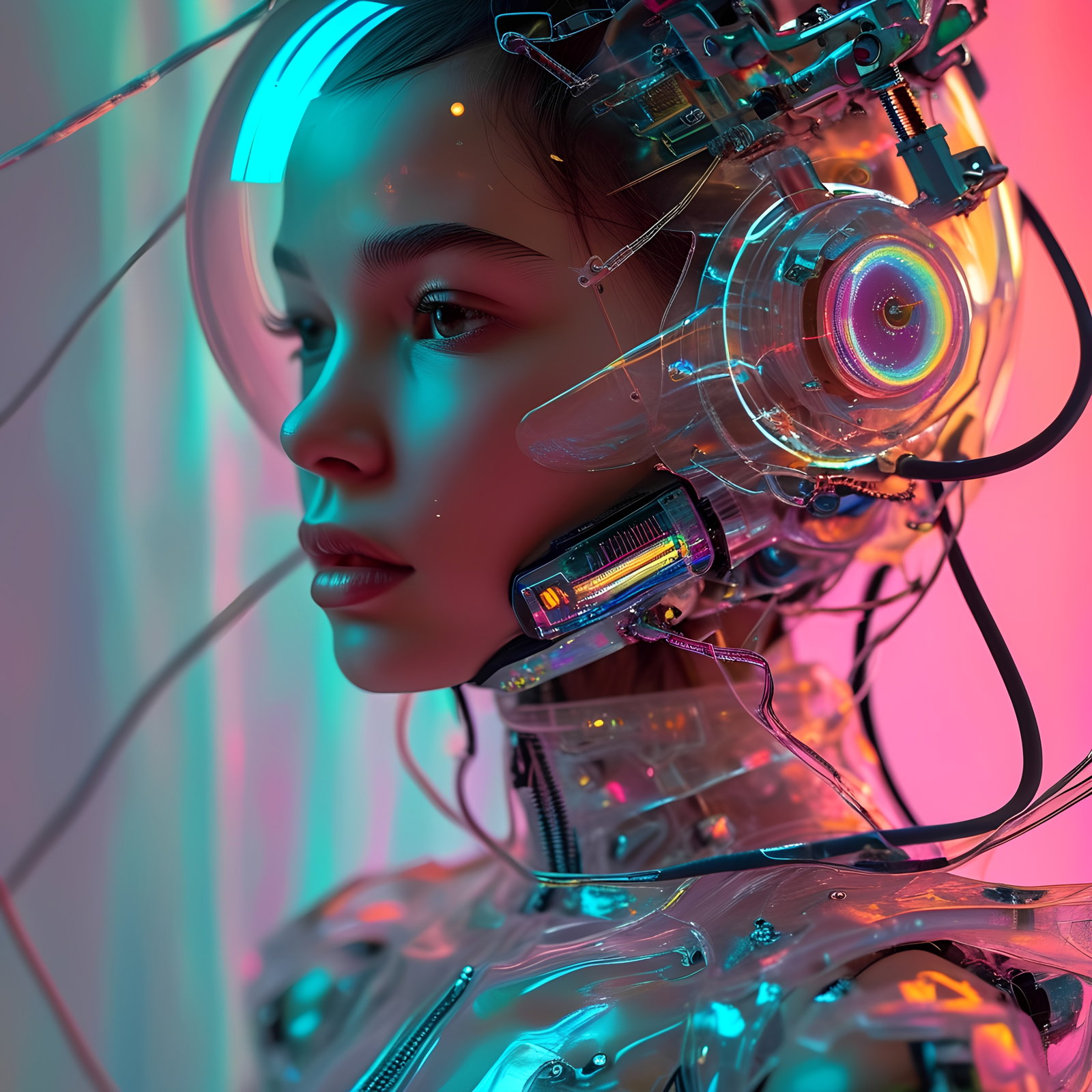 Futuristic Female Cyborg Transparent Helmet Neon Glow 2