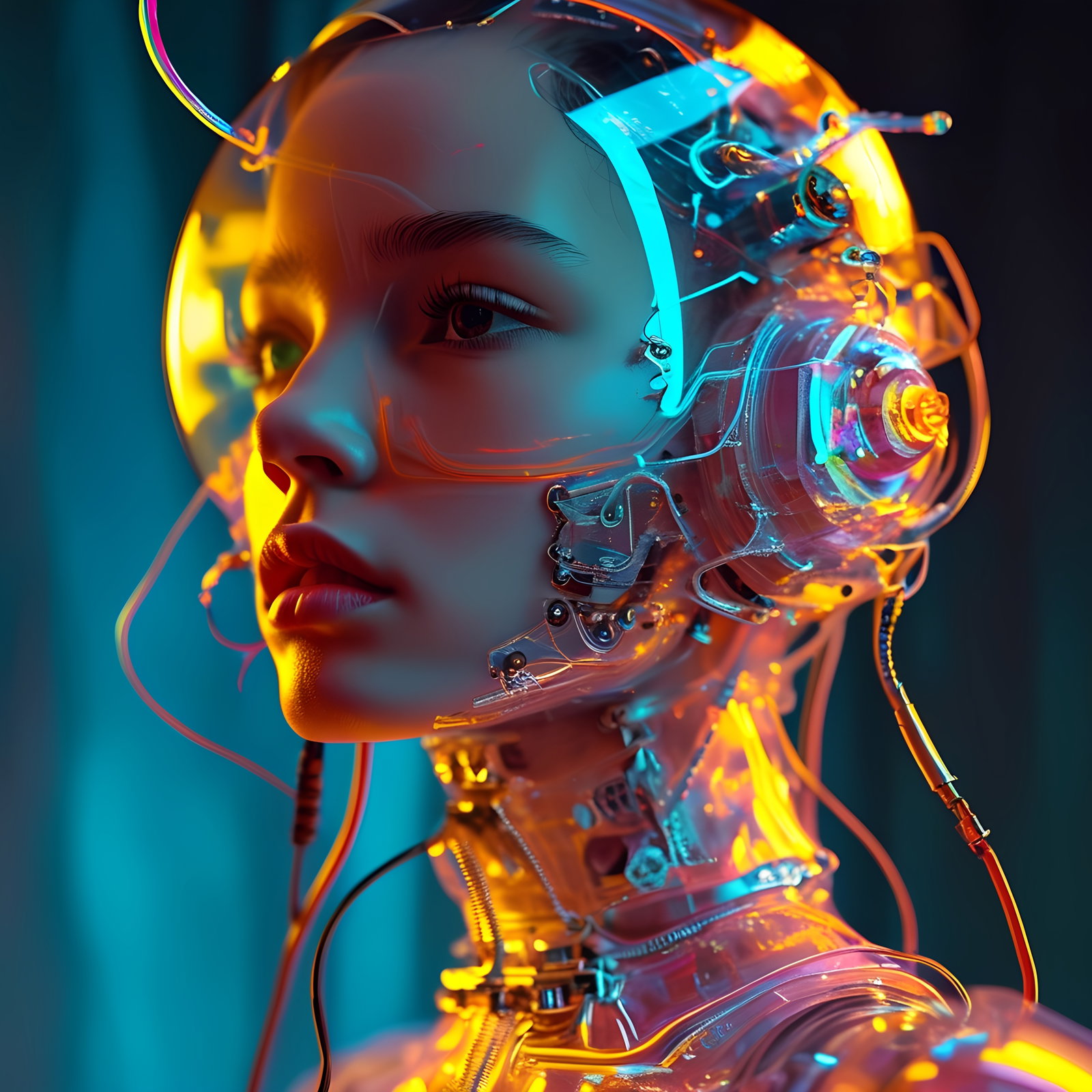 Futuristic Female Cyborg Transparent Helmet Neon Glow 3