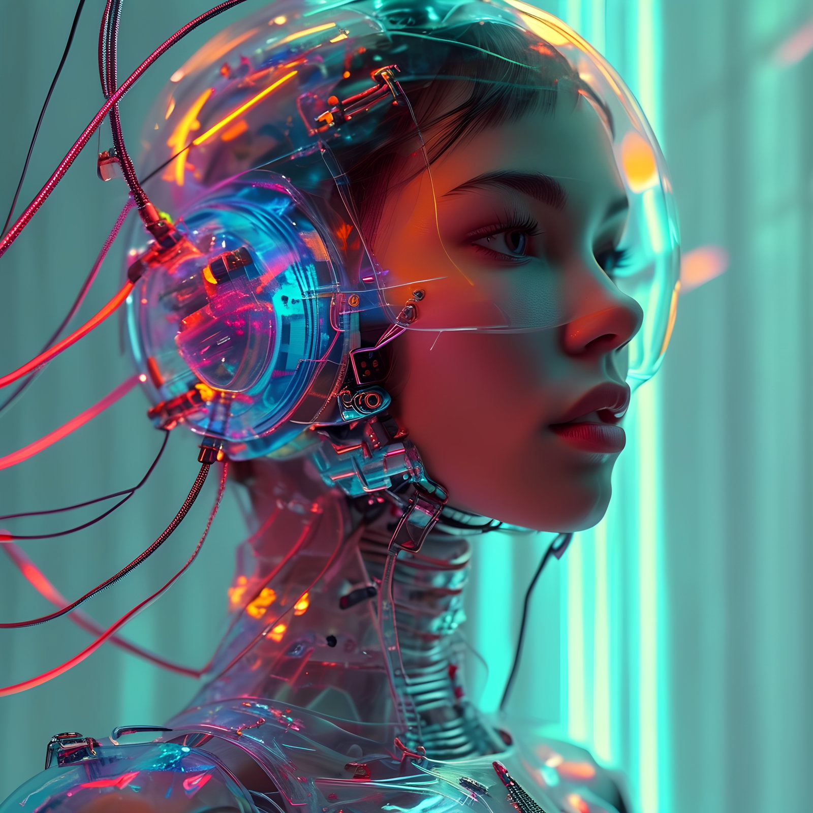 Futuristic Female Cyborg Transparent Helmet Neon Glow 4