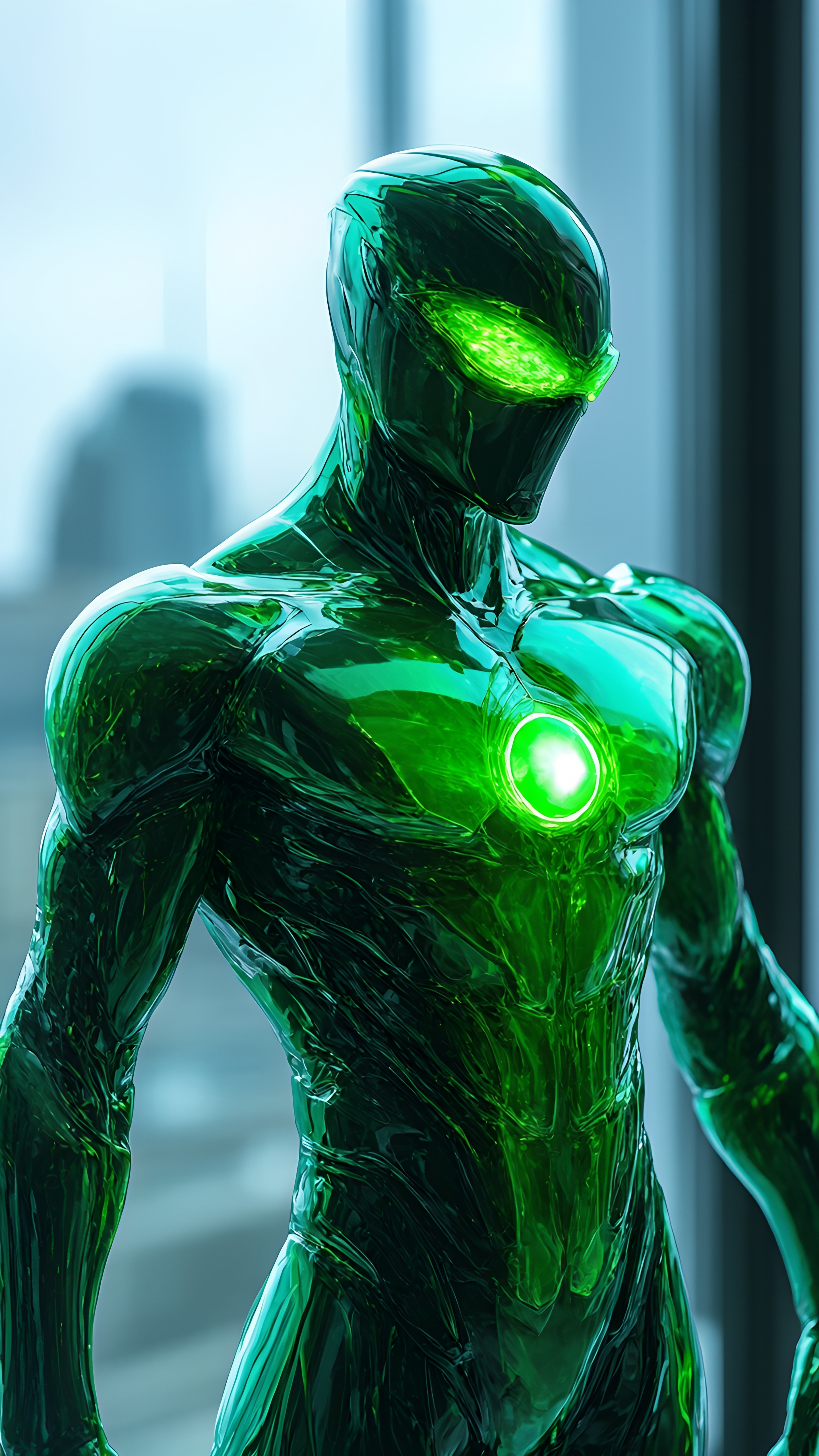 Futuristic Green Robot Glowing Eyes Core Sci Fi Warrior 1