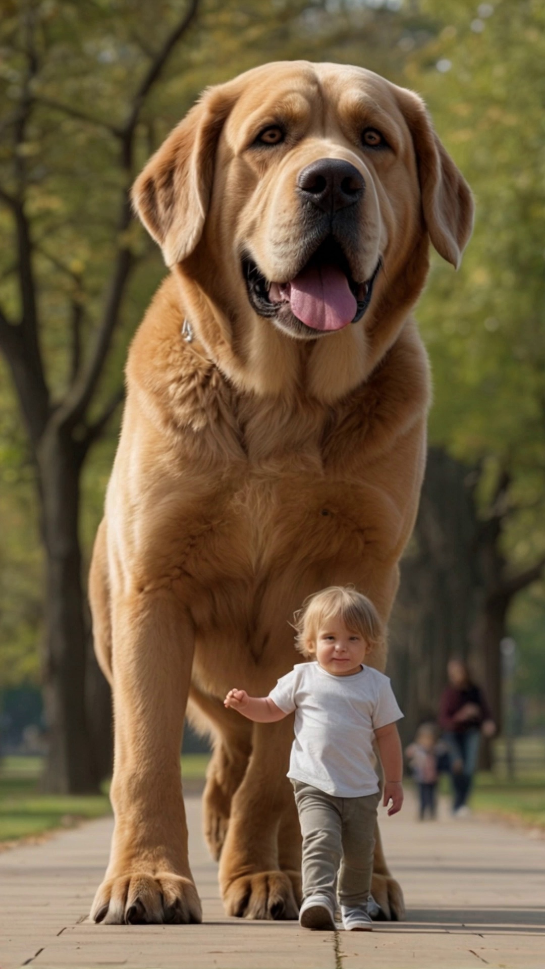 Giant Dog Walking With Toddler In Park Video – video thumbnail