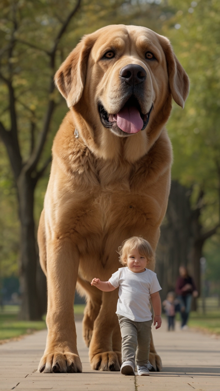 Giant Dog Walking With Toddler In Park