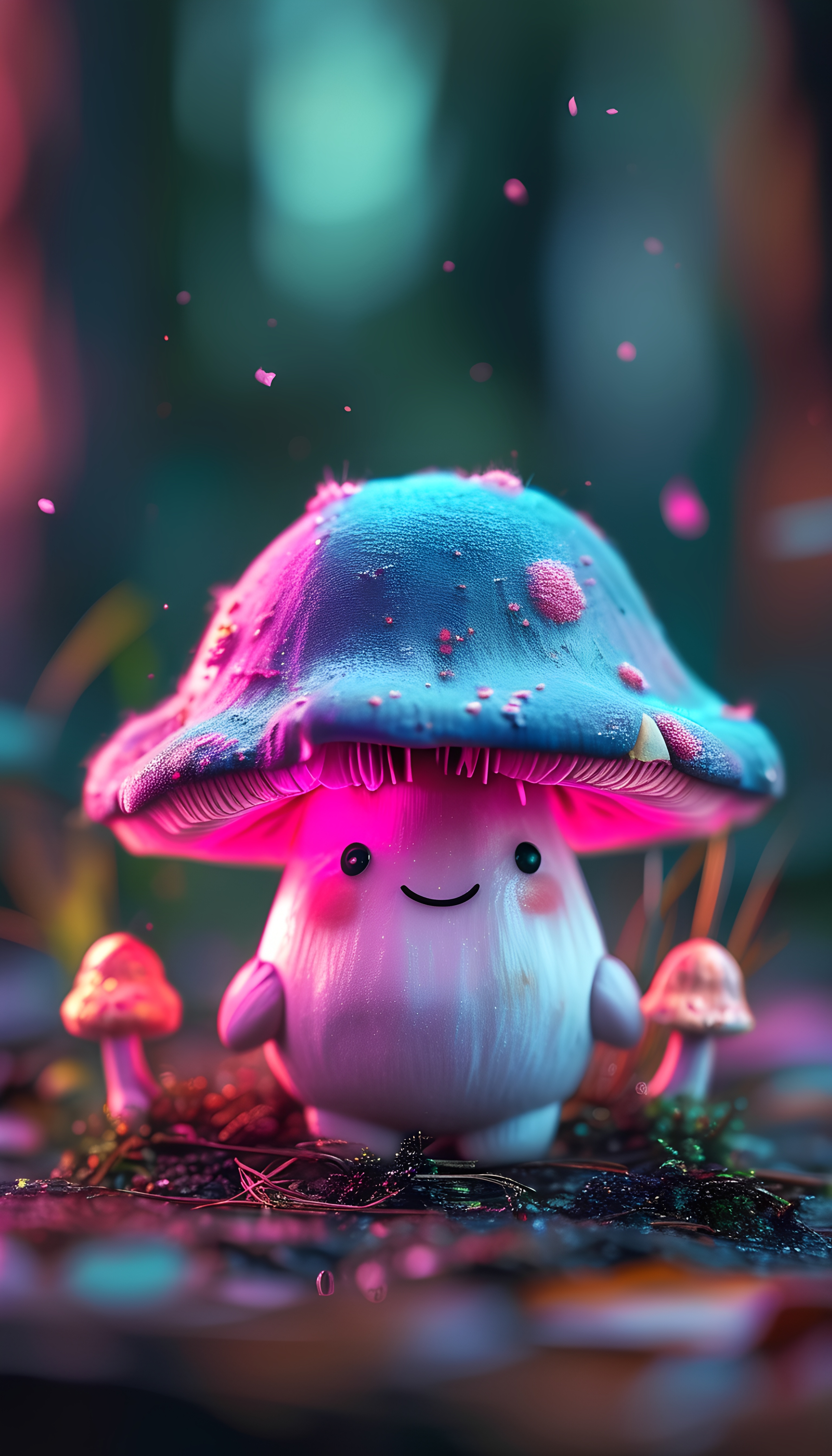 Glowing Smiling Mushrooms Pink Purple Caps Fantasy Forest 1