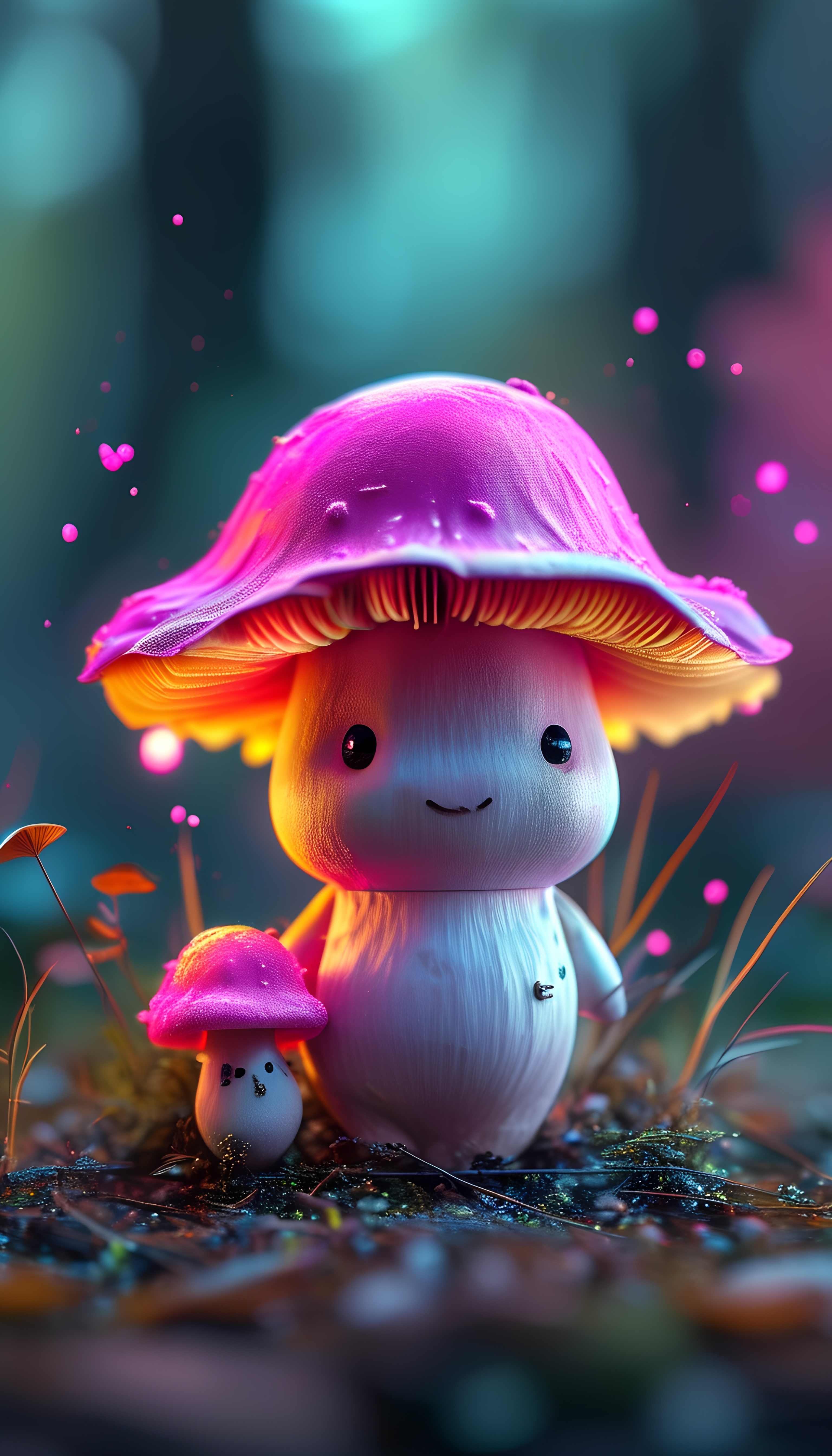 Glowing Smiling Mushrooms Pink Purple Caps Fantasy Forest 2