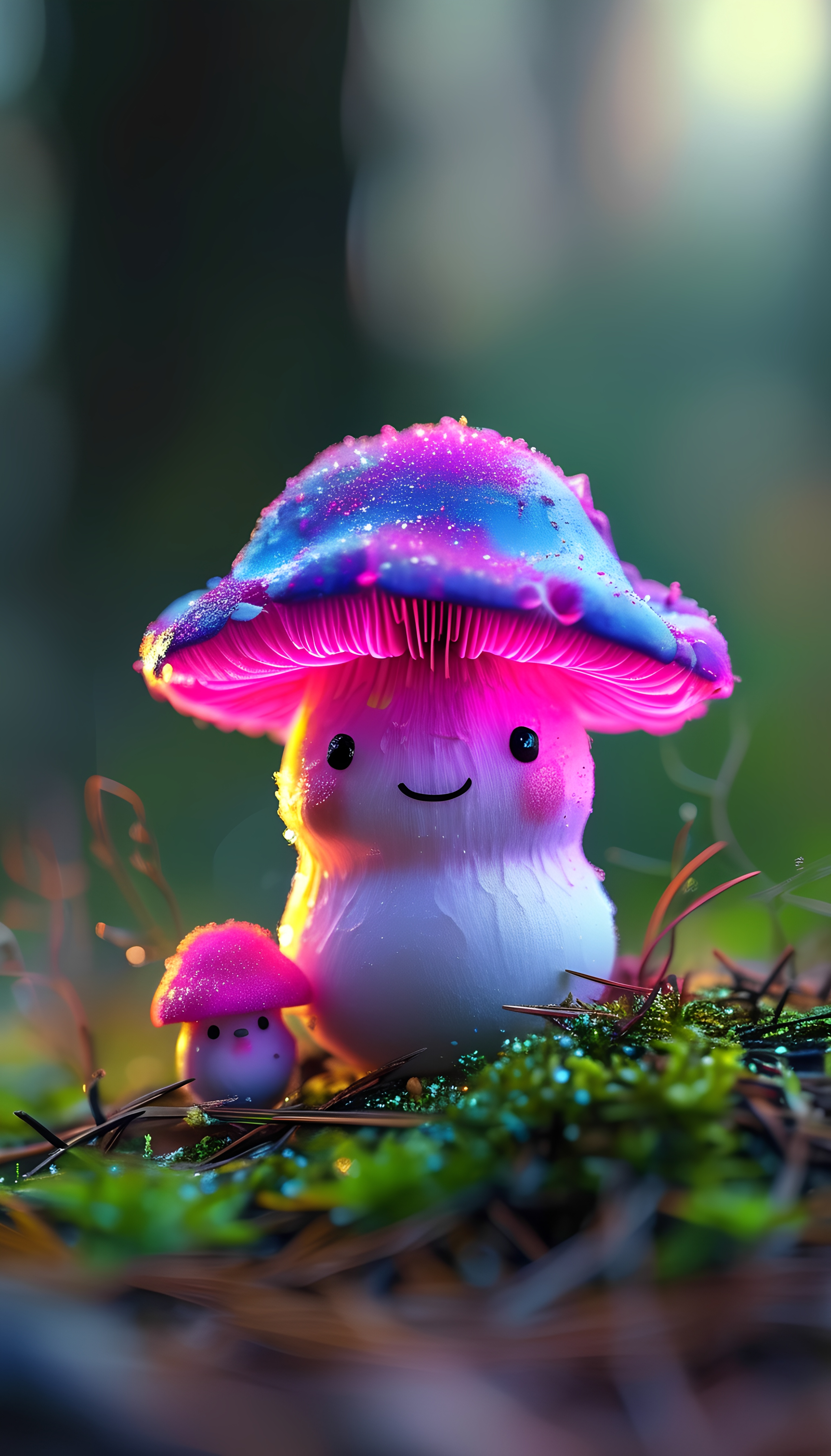 Glowing Smiling Mushrooms Pink Purple Caps Fantasy Forest 3