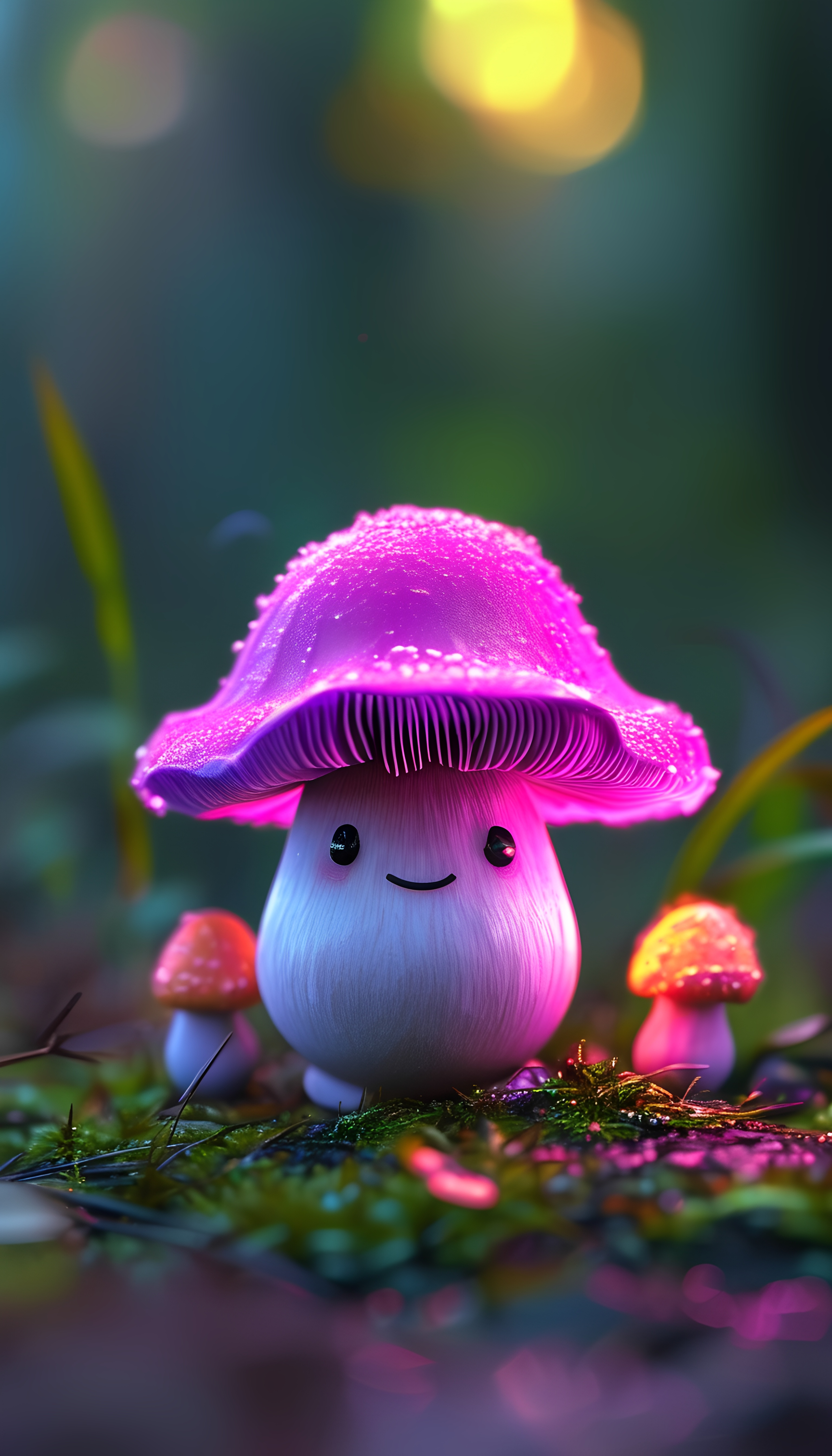 Glowing Smiling Mushrooms Pink Purple Caps Fantasy Forest 4