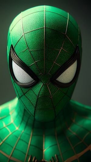 Green Spider Man Close Up In Metallic Textured Suit