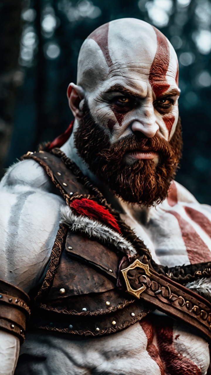 Kratos God Of War Red Paint Leather Armor Realistic Style 1